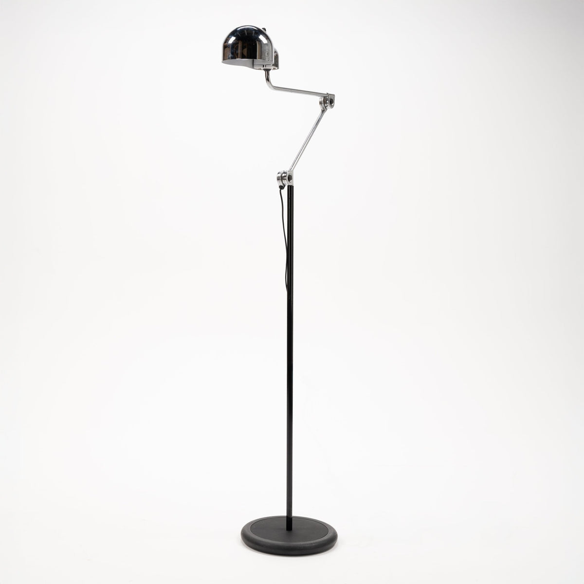 Joe Colombo Chrome Topo Floor Lamp with chrome dome shade articulated arm slim black stem and round weighted base in mid century modern lighting