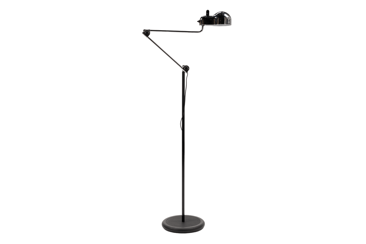 Joe Colombo Chrome Topo Floor Lamp with polished chrome articulated arm adjustable shade and round black base in modern lighting