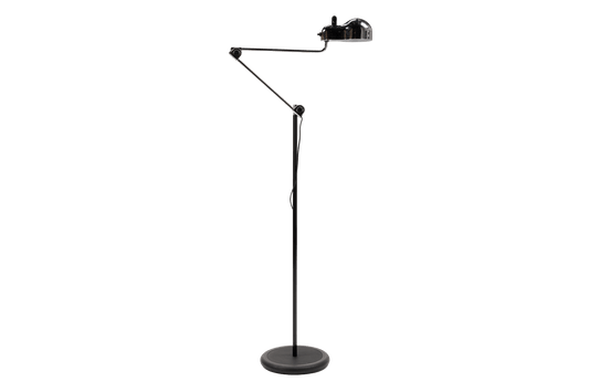 Joe Colombo Chrome Topo Floor Lamp with polished chrome articulated arm adjustable shade and round black base in modern lighting