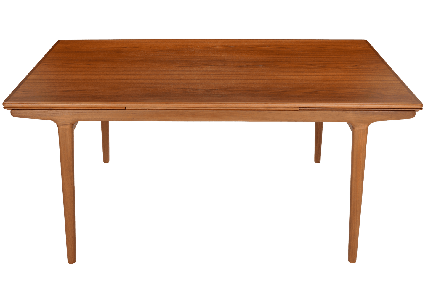 Rectangular wooden dining table with smooth surface and tapered legs in a warm brown finish
