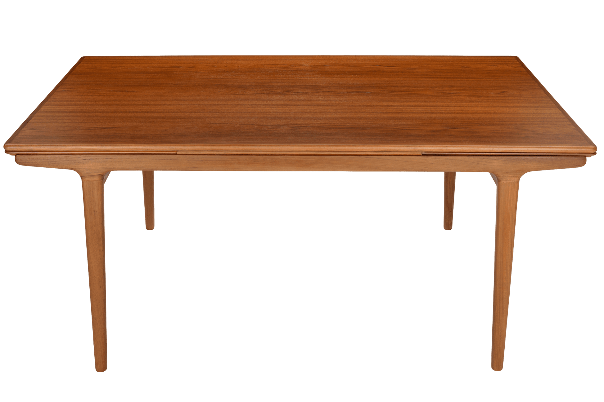 Rectangular wooden dining table with smooth surface and tapered legs in a warm brown finish
