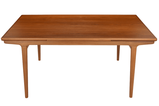 Rectangular wooden dining table with smooth surface and tapered legs in a warm brown finish