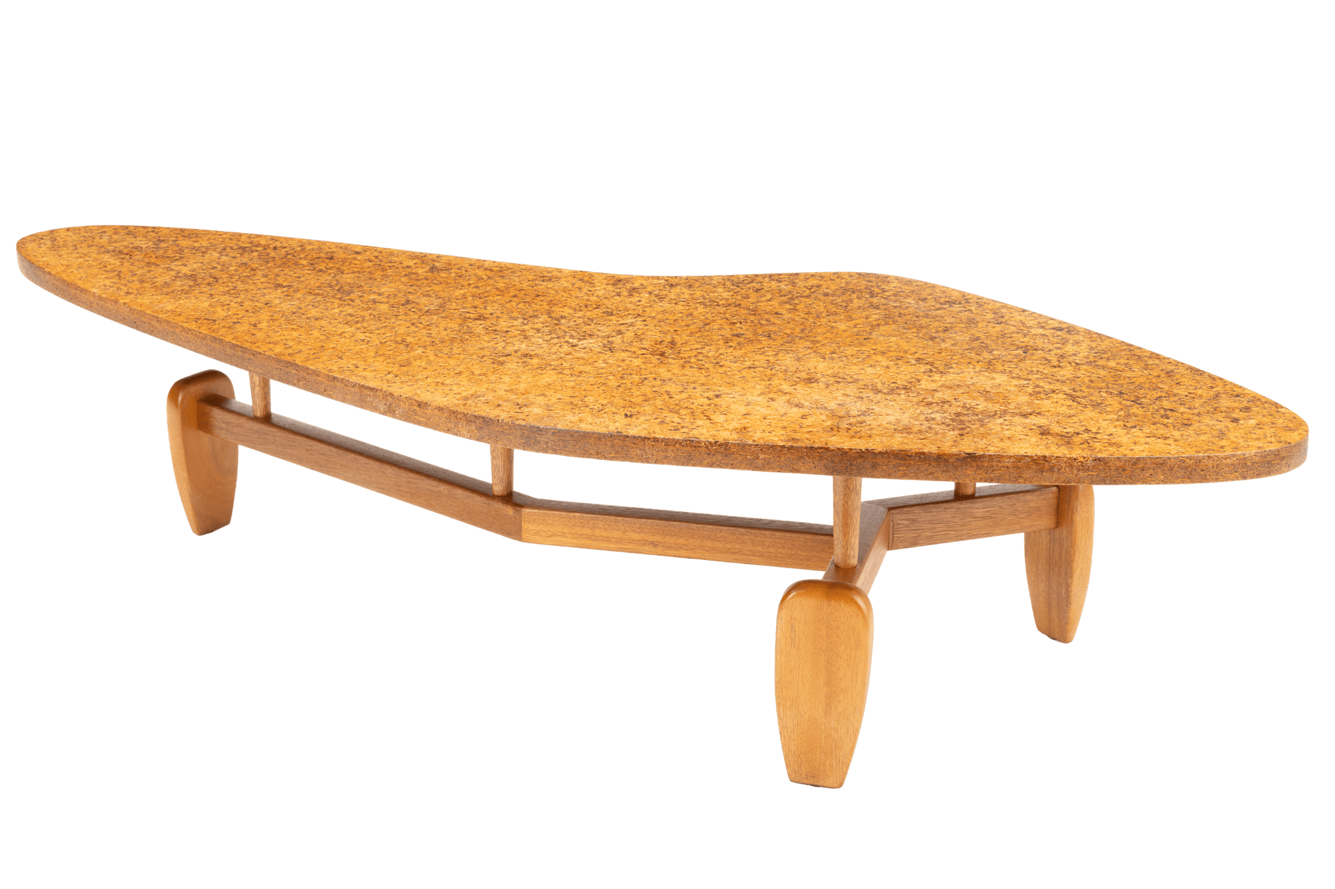John Keal 'Outrigger' Coffee Table featuring an organic-shaped cork top supported by sculptural wooden legs with a curved stretcher, exemplifying mid century modern furniture design.