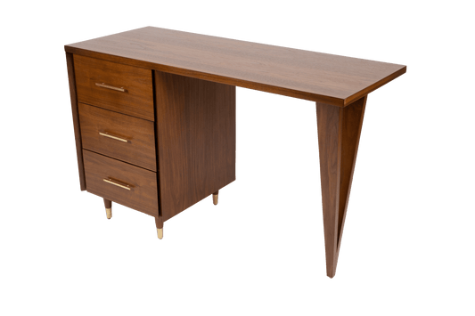 Mid-century modern John Stuart wooden desk with triangular leg design, three drawers with brass handles and brass feet