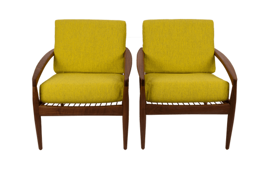 Pair of 1950s Kai Kristiansen 'Paper Knife' chairs with solid teak frames and mustard yellow cushions
