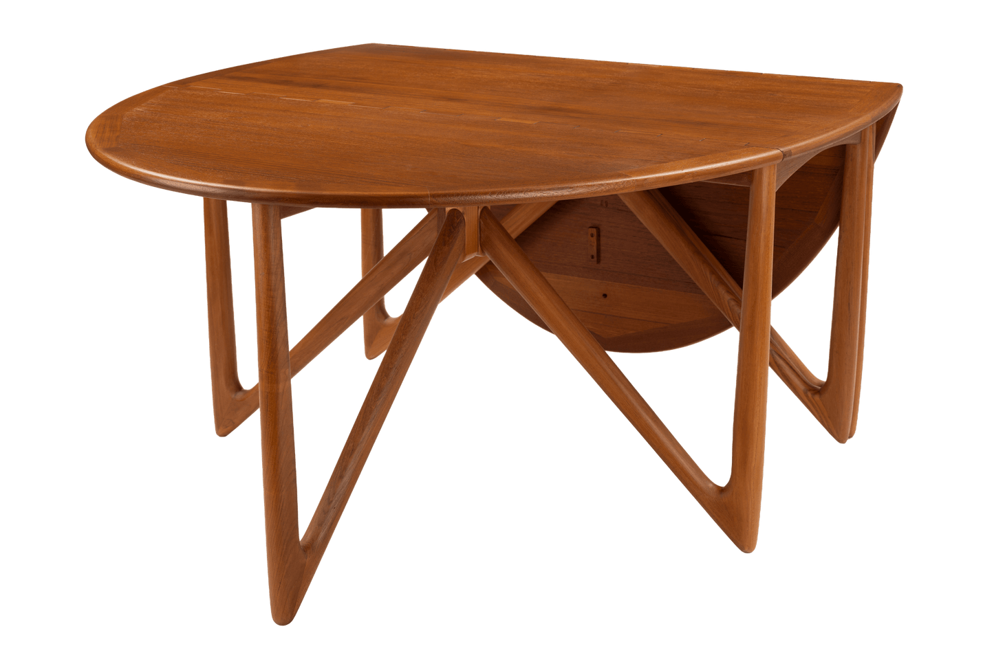 Kurt Ostervig Drop-Leaf Dining Table with rounded wood top sculptural angled legs folded drop leaves and warm mid century modern furniture styling