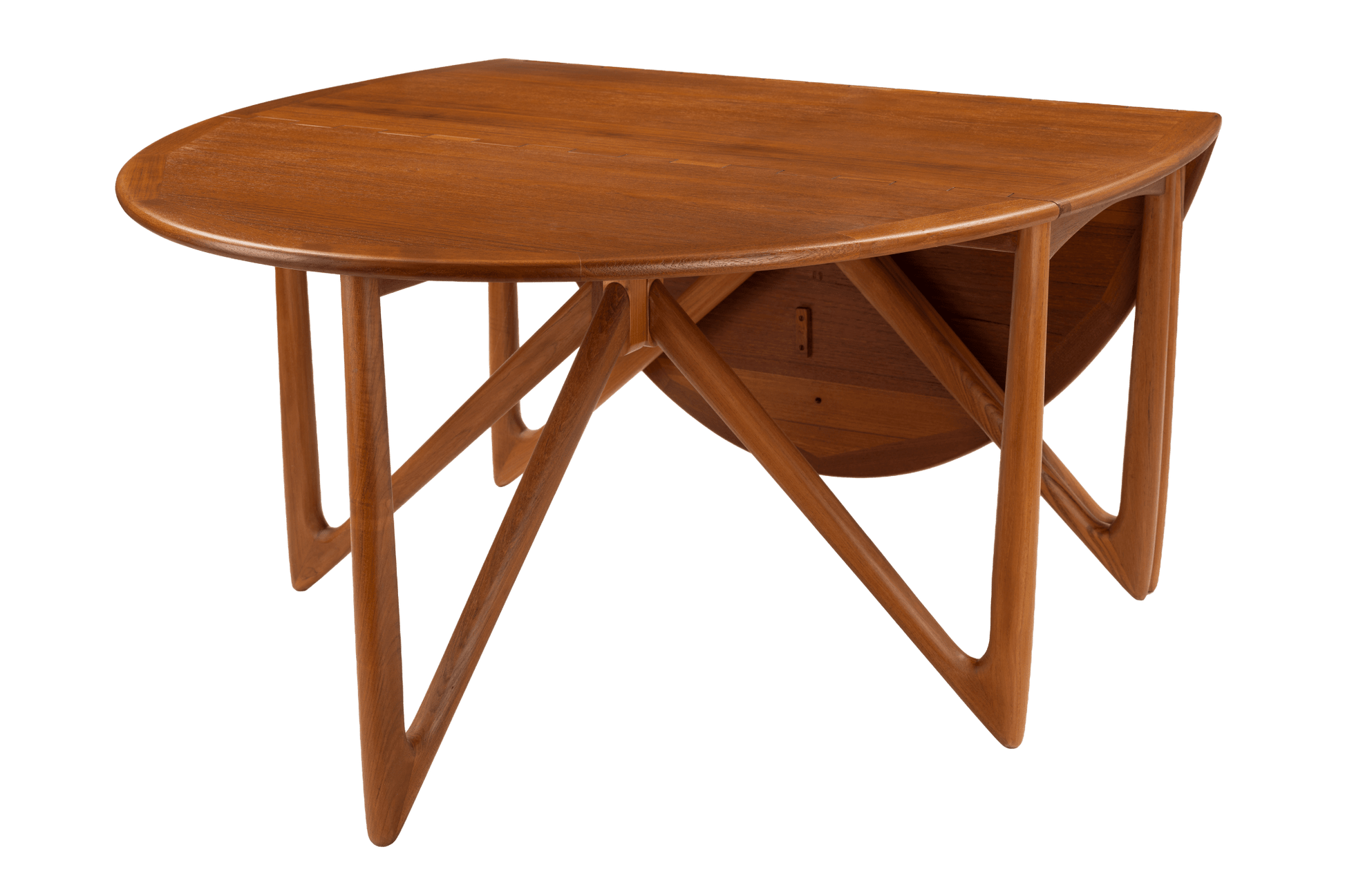 Kurt Ostervig Drop-Leaf Dining Table with rounded wood top sculptural angled legs folded drop leaves and warm mid century modern furniture styling