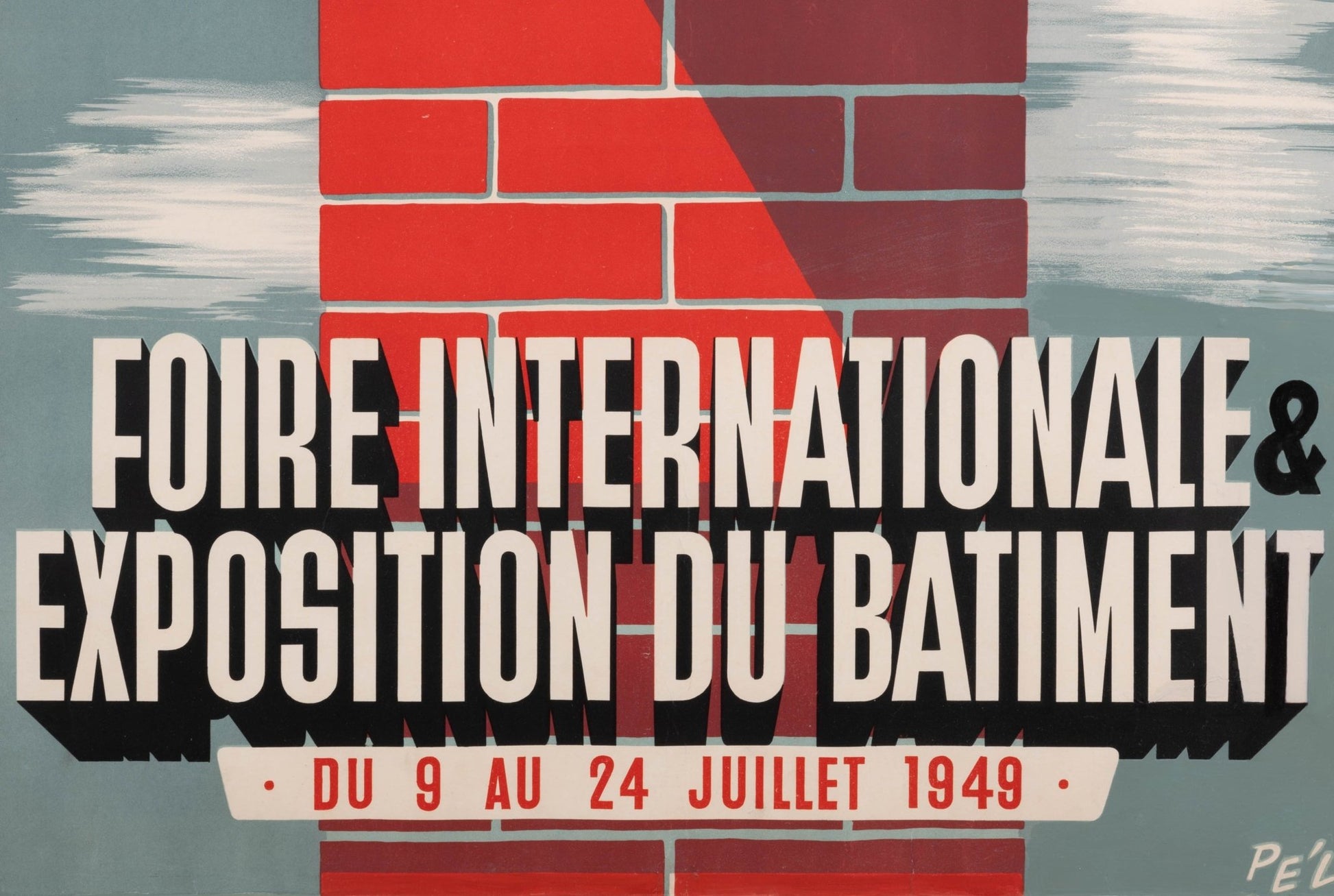 Restored and linen-backed Luxembourg travel poster signed in plate promoting 1949 international building exhibition.