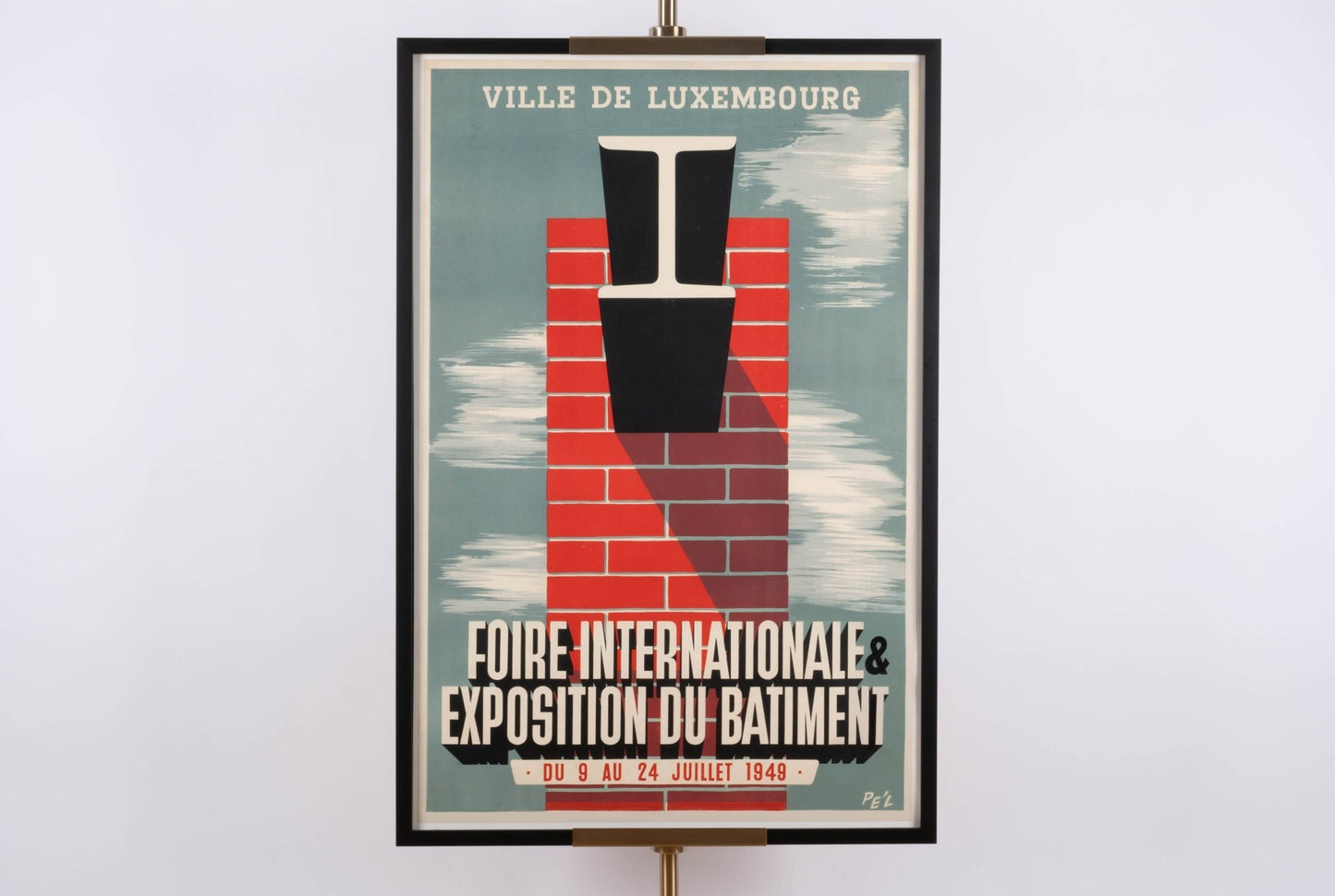 Framed vintage Luxembourg travel poster featuring 1949 International Fair and Building Exhibition with graphic chimney design