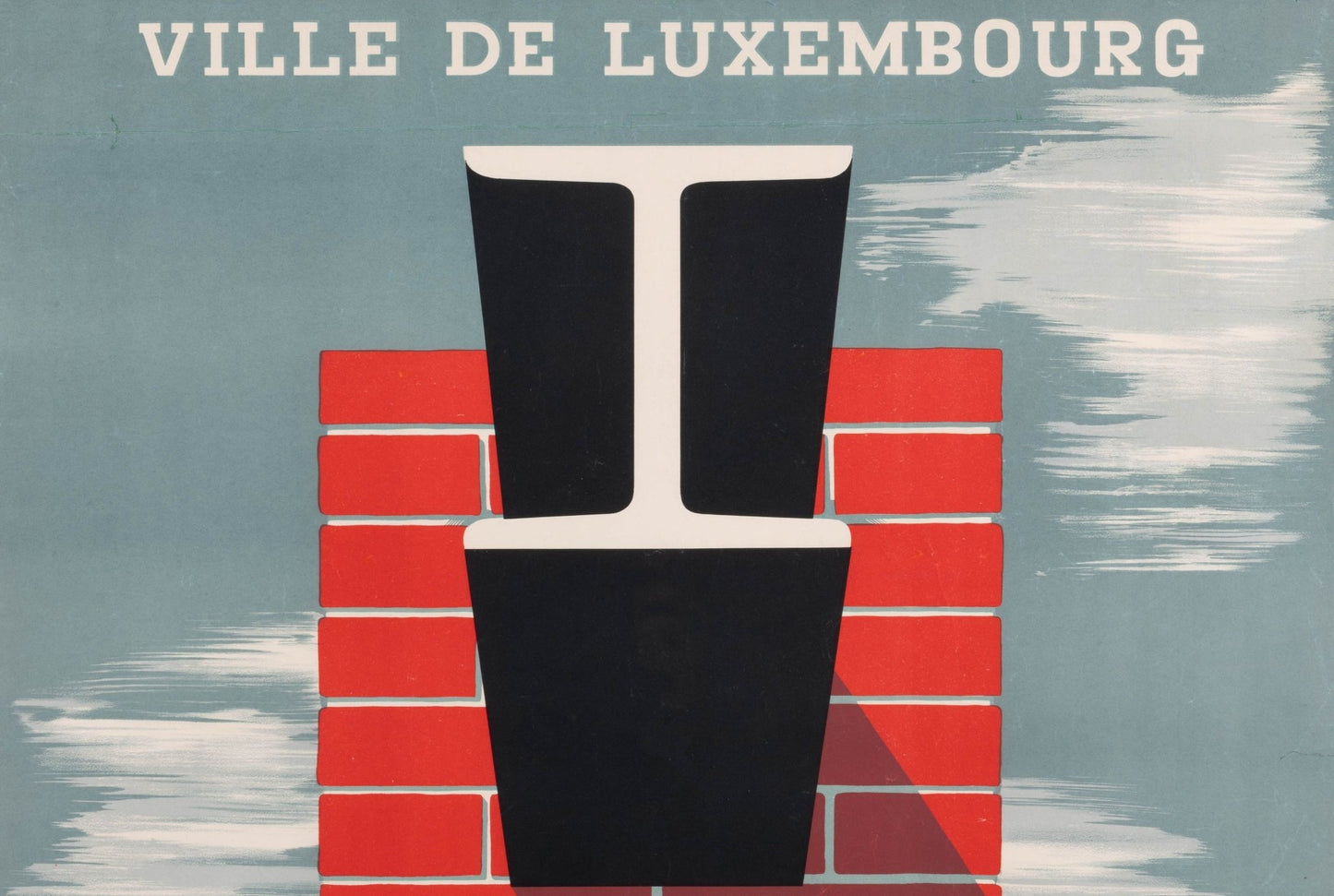 Framed Luxembourg travel poster with restored linen backing and bold modernist design featuring black and red geometric shape