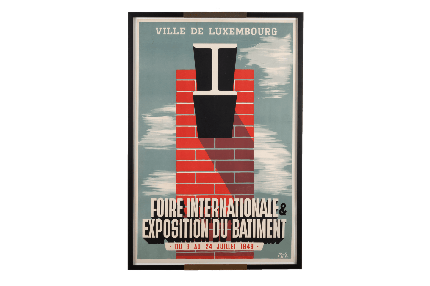 Framed Luxembourg travel poster from 1949 with bold graphic design and linen backing, signed in the plate.