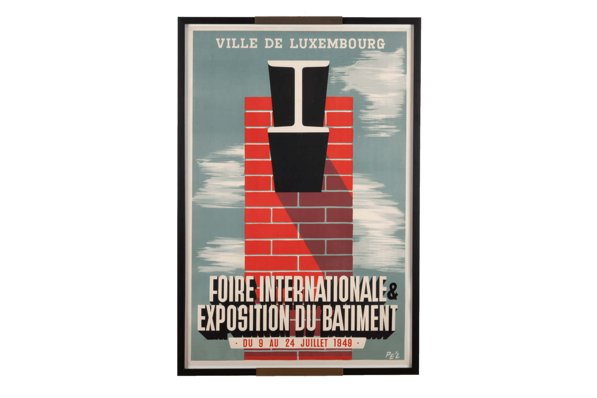 Framed Luxembourg travel poster from 1949 with bold graphic design and linen backing, signed in the plate.
