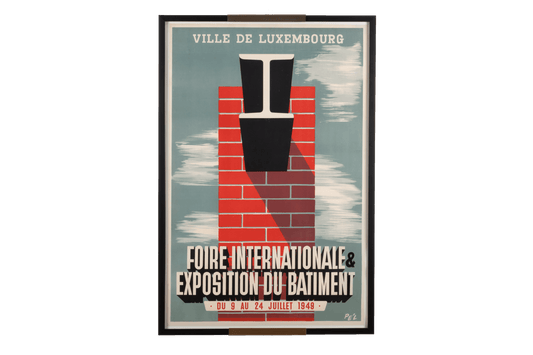 Framed Luxembourg travel poster from 1949 with bold graphic design and linen backing, signed in the plate.
