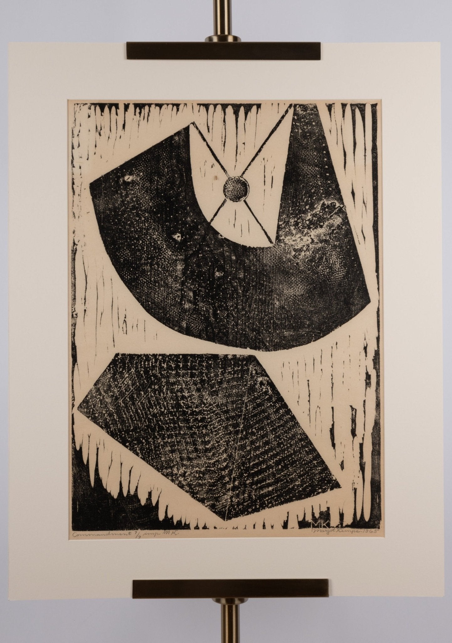 Signed and numbered Margot Kempe silkscreen print "Commandment" with abstract black shapes on textured rice paper.