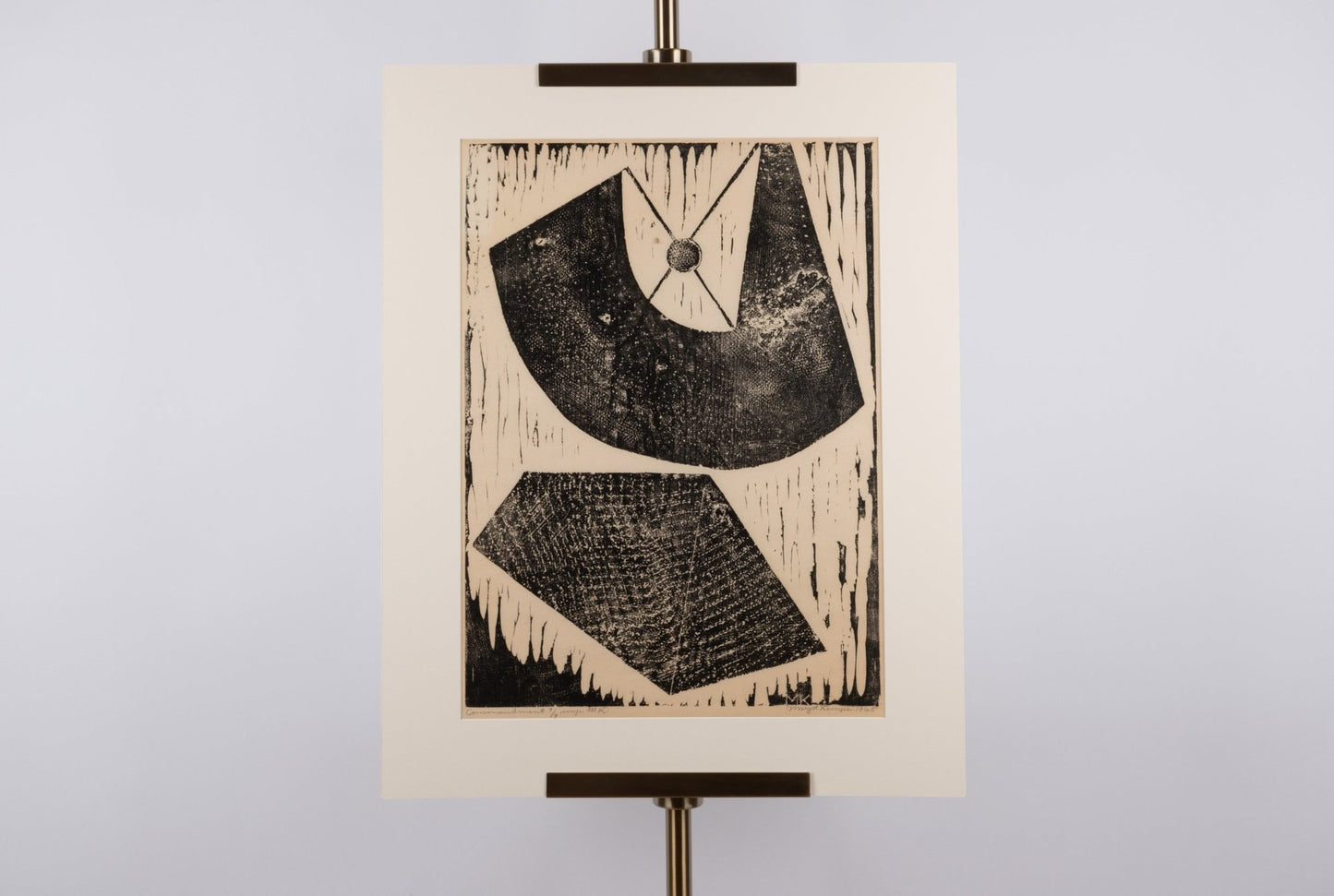 Margot Kempe silkscreen print "Commandment" featuring abstract black shapes on textured cream rice paper with matting