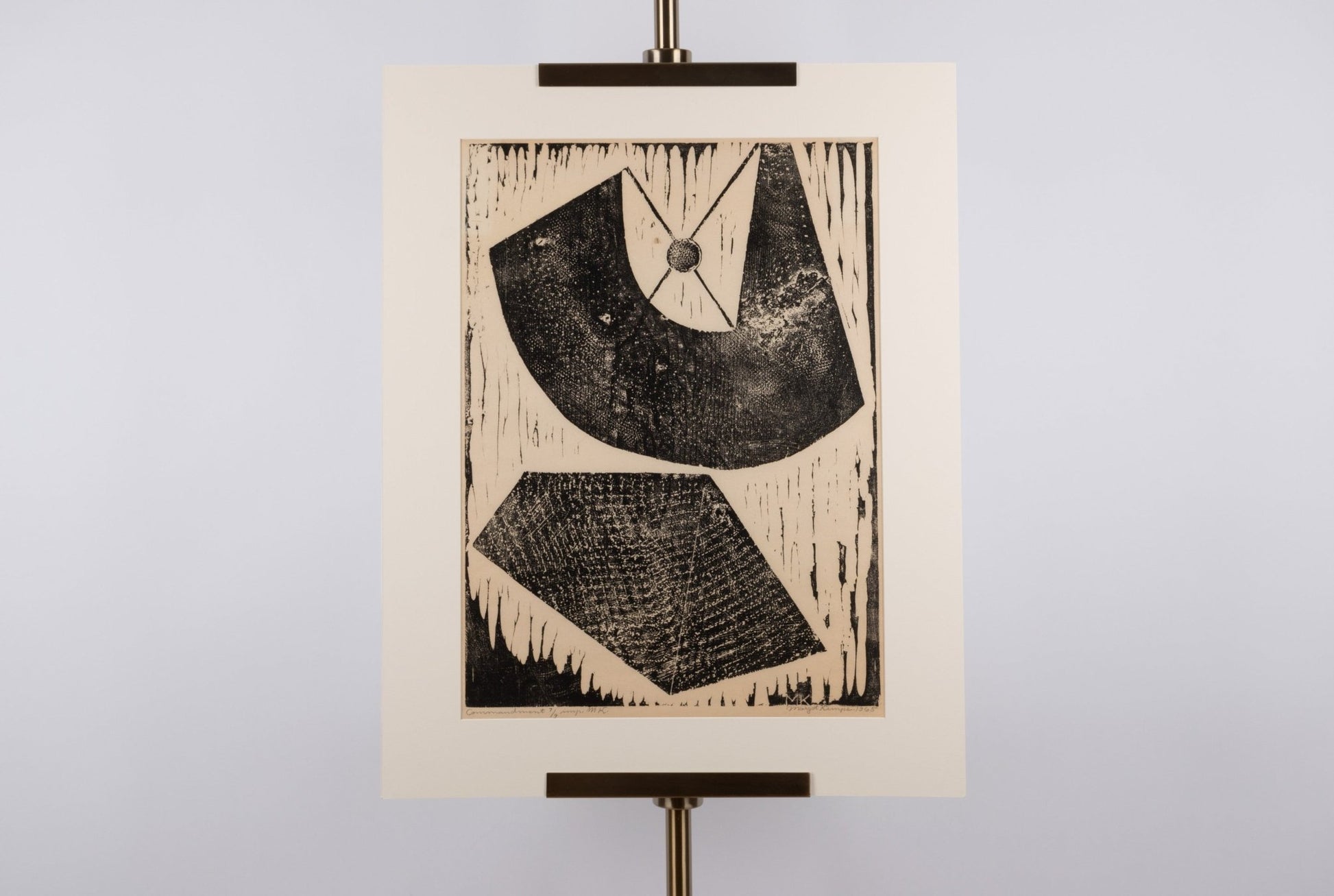 Margot Kempe silkscreen print "Commandment" featuring abstract black shapes on textured cream rice paper with matting