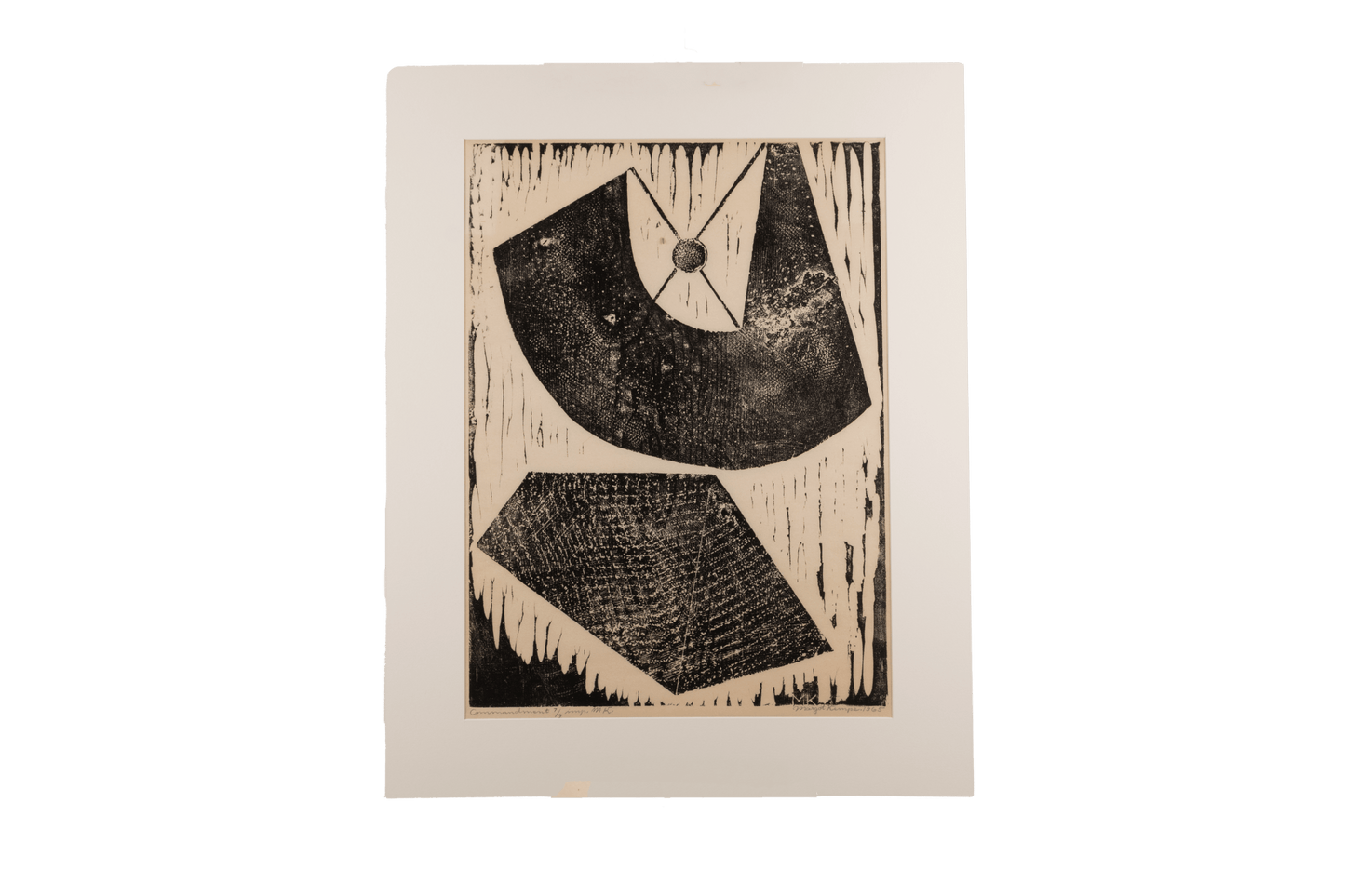Abstract black and white silkscreen print titled "Commandment" by Margot Kempe on rice paper with matting