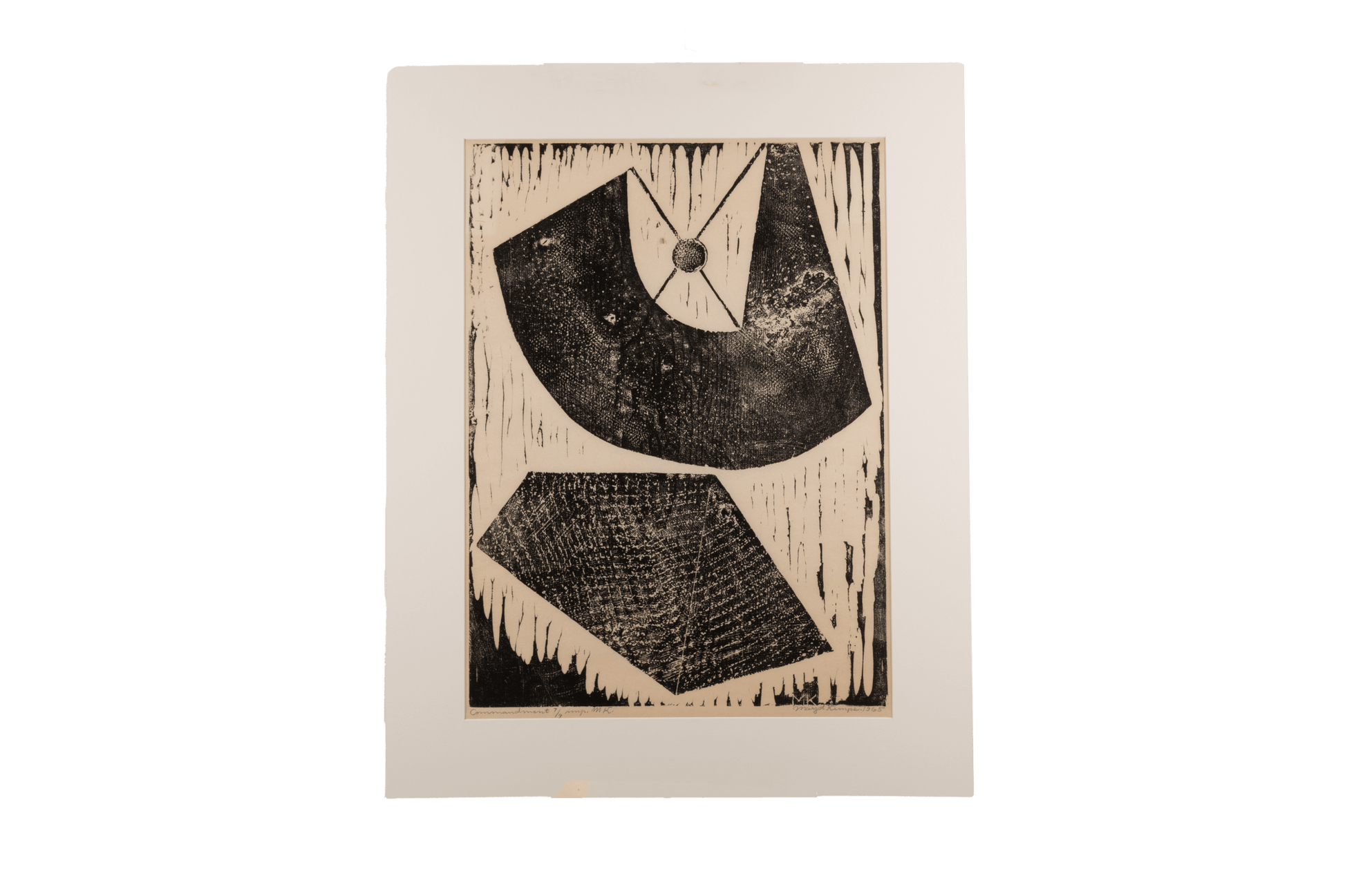 Abstract black and white silkscreen print titled "Commandment" by Margot Kempe on rice paper with matting