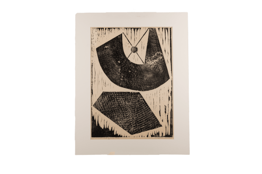 Abstract black and white silkscreen print titled "Commandment" by Margot Kempe on rice paper with matting