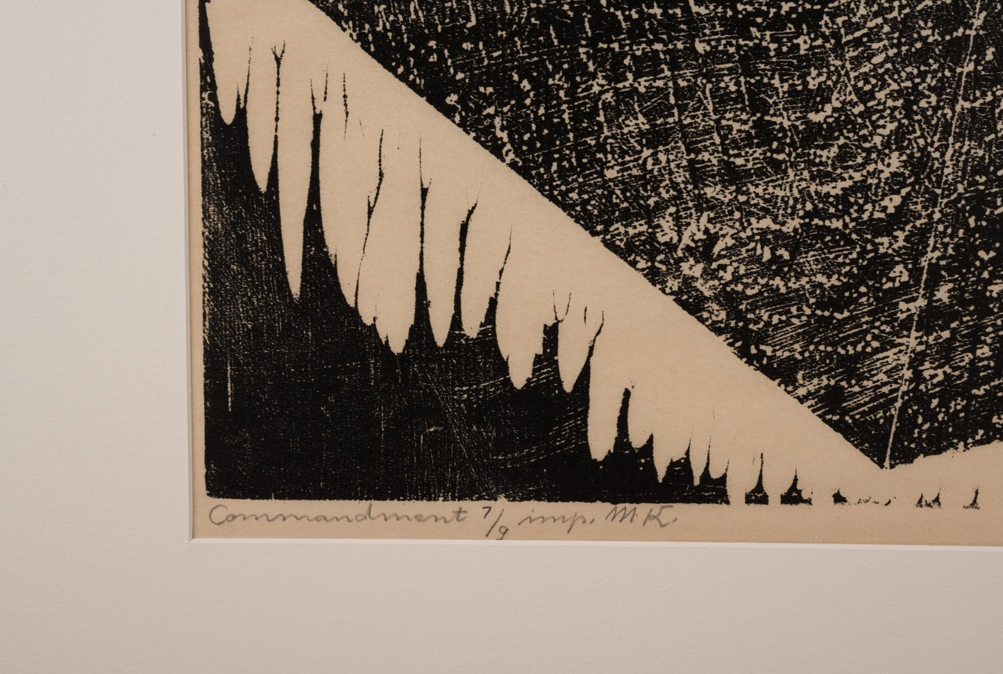 Close-up of Kempe silkscreen print "Commandment" on rice paper, signed and numbered 7/9 with textured black and beige design