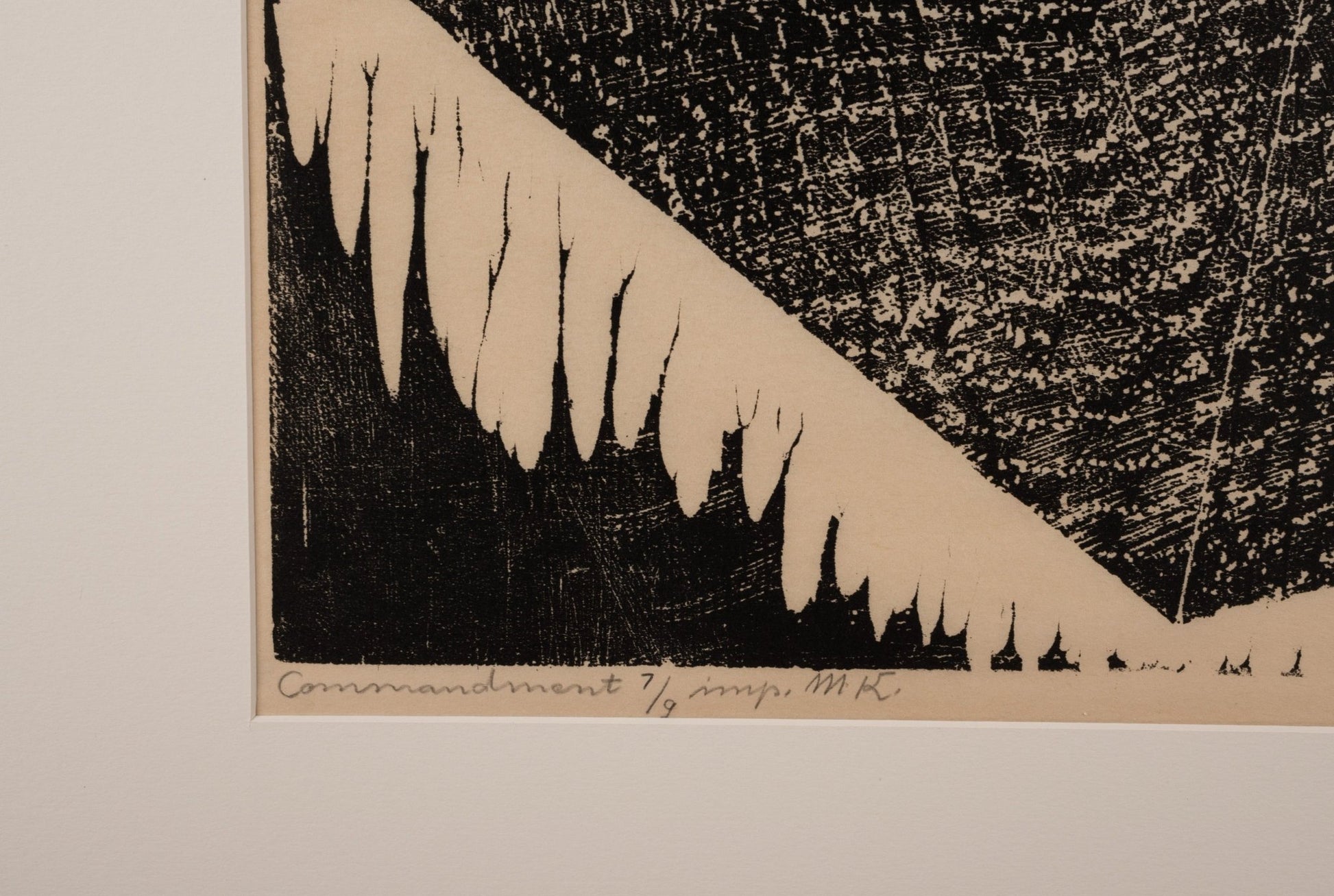 Close-up of Kempe silkscreen print "Commandment" on rice paper, signed and numbered 7/9 with textured black and beige design