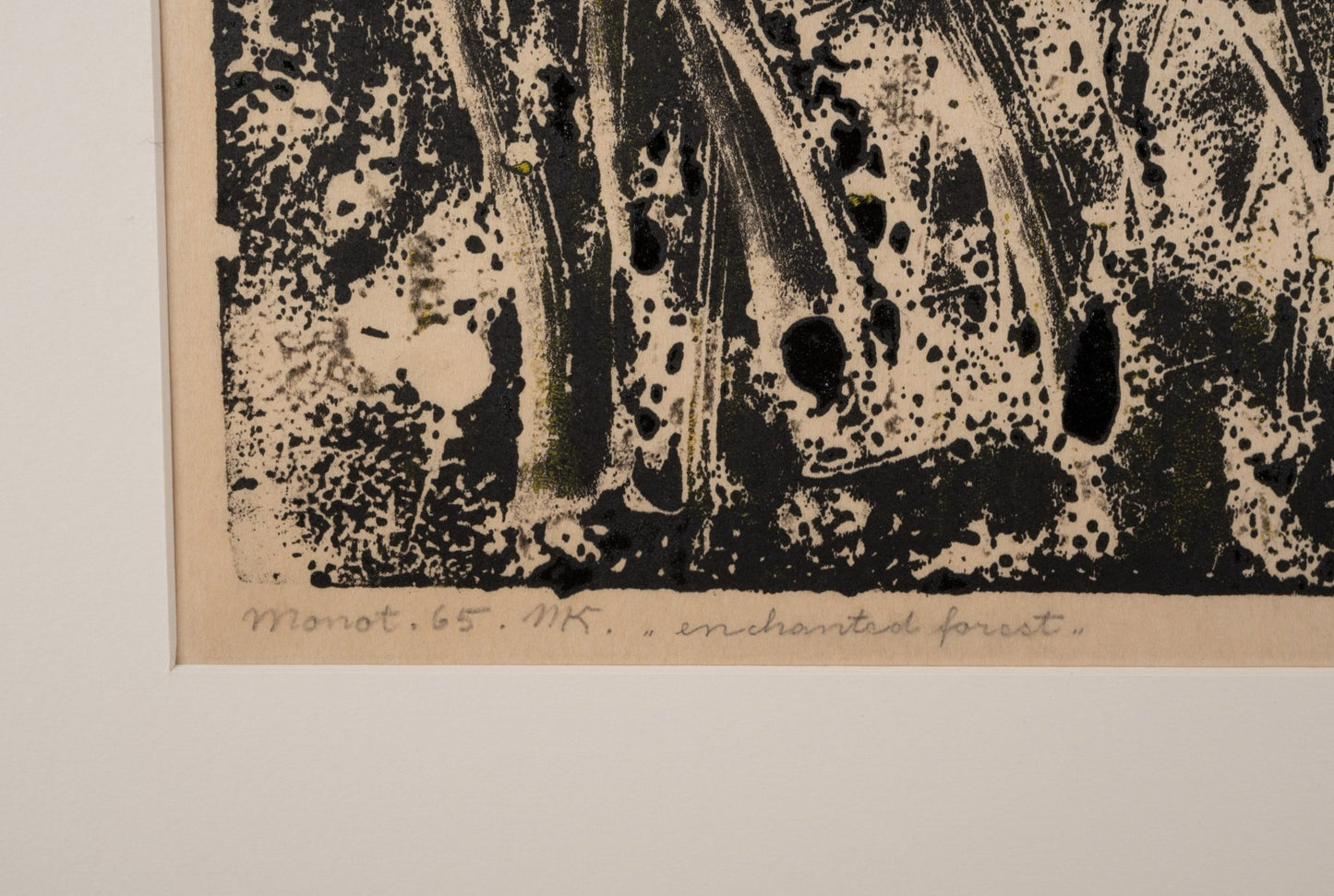 Close-up of Margot Kempe’s signed and dated 1965 monotype print titled "Enchanted Forest" with abstract forest details.