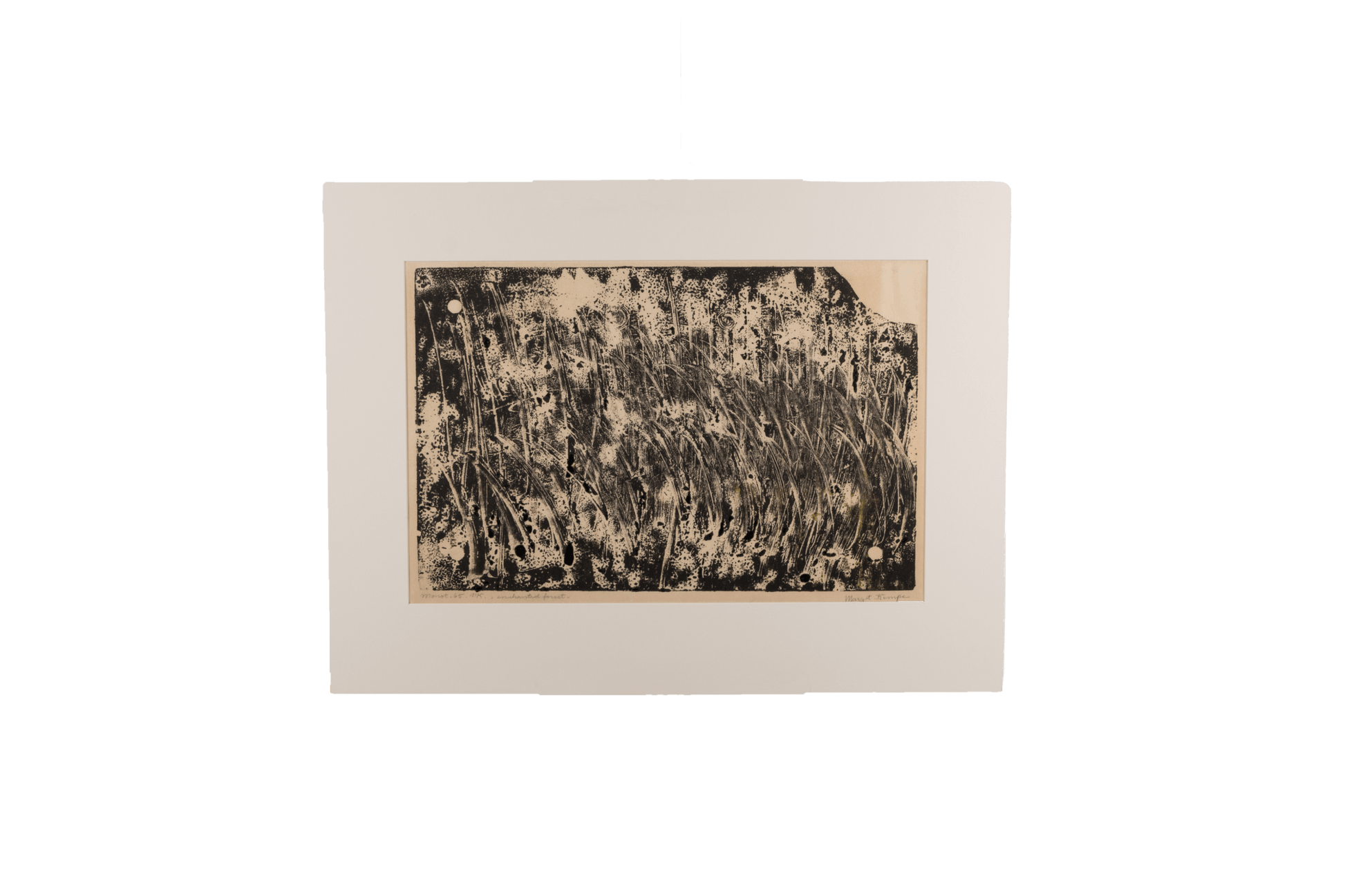 Margot Kempe signed and dated 1965 monotype print titled Enchanted Forest with textured abstract forest imagery on white mat