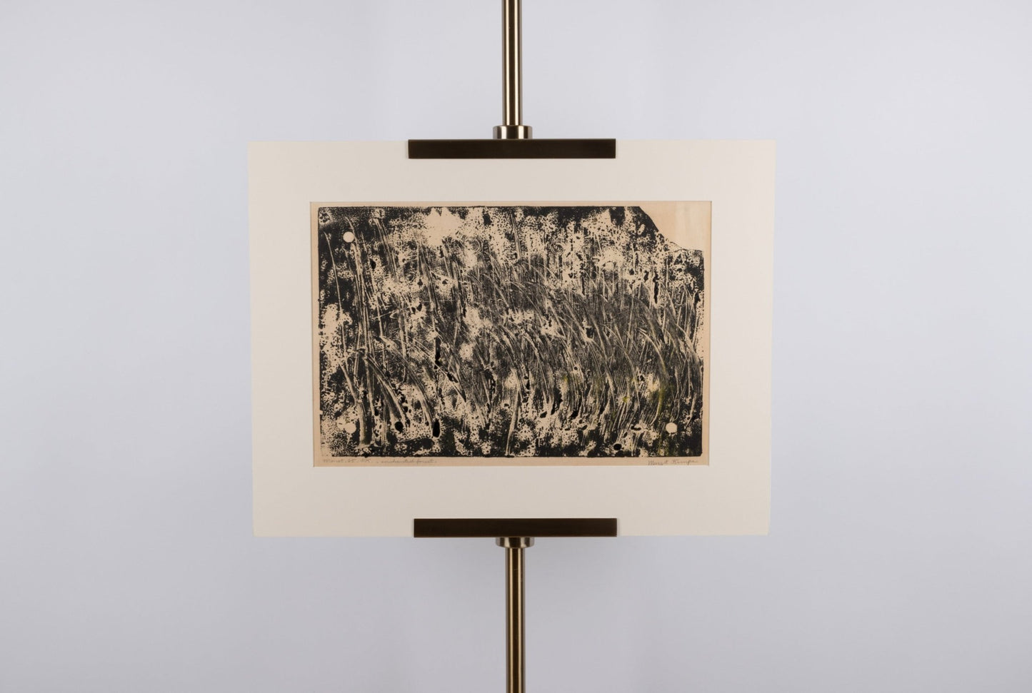 Signed and dated 1965 Margot Kempe monotype print titled "Enchanted Forest" with abstract black and beige design.