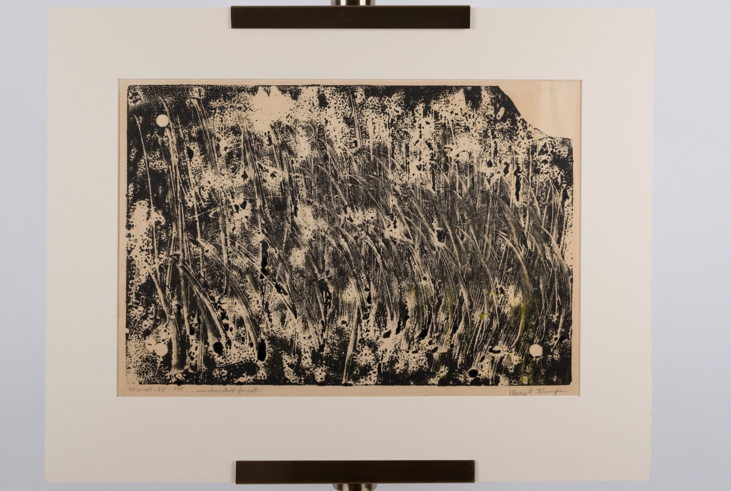 Signed and dated 1965 Margot Kempe monotype print "Enchanted Forest" with abstract textured black and white design