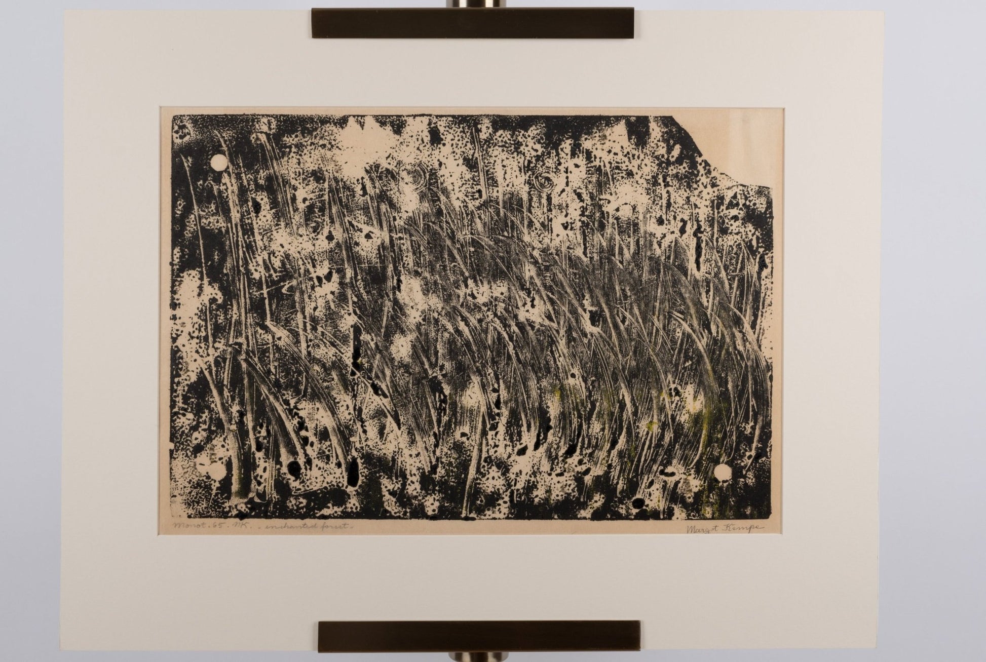 Signed and dated 1965 Margot Kempe monotype print "Enchanted Forest" with abstract textured black and white design
