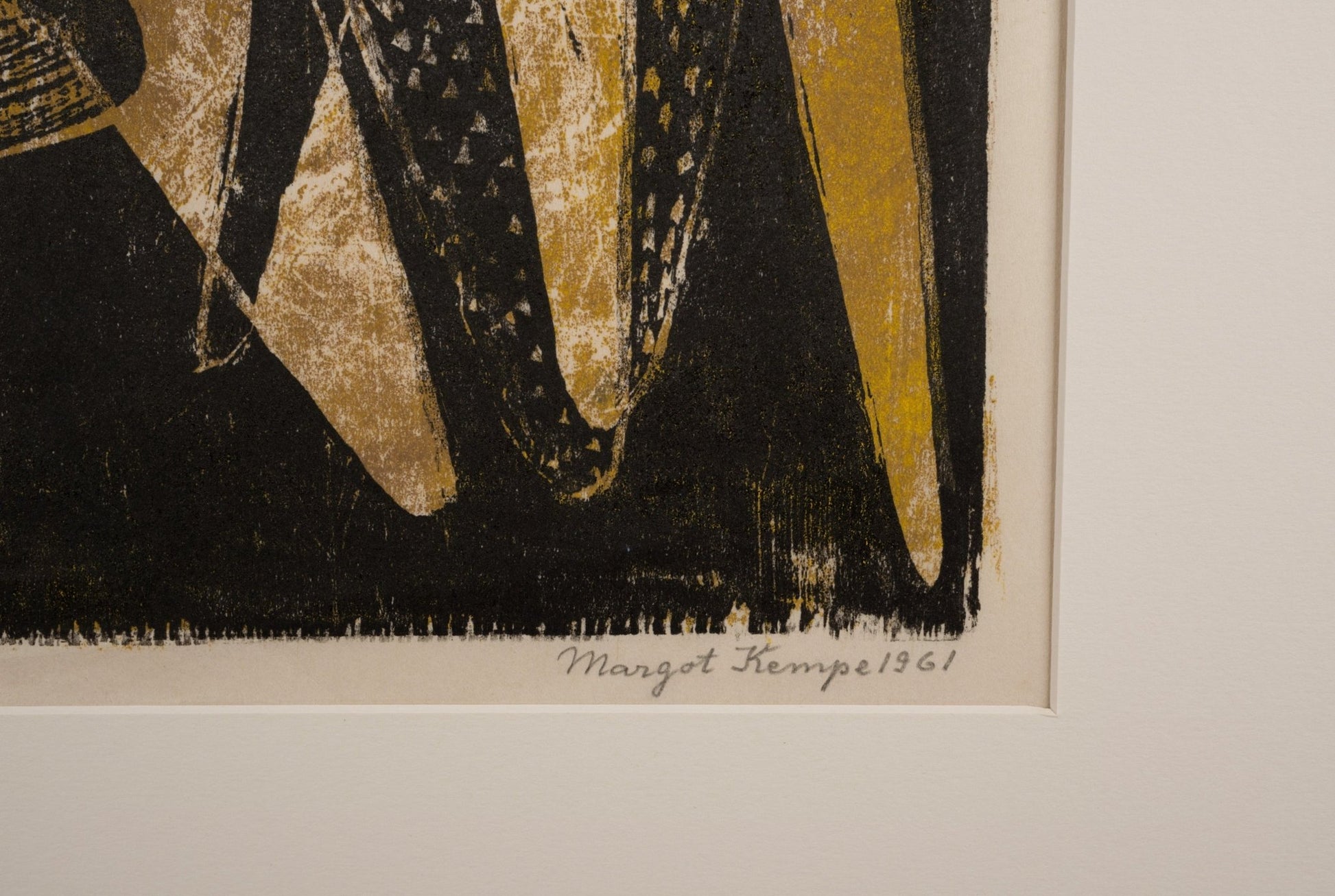 Close-up of Margot Kempe 1961 signed print "Flight" edition 2/8 with black, white, and gold abstract design