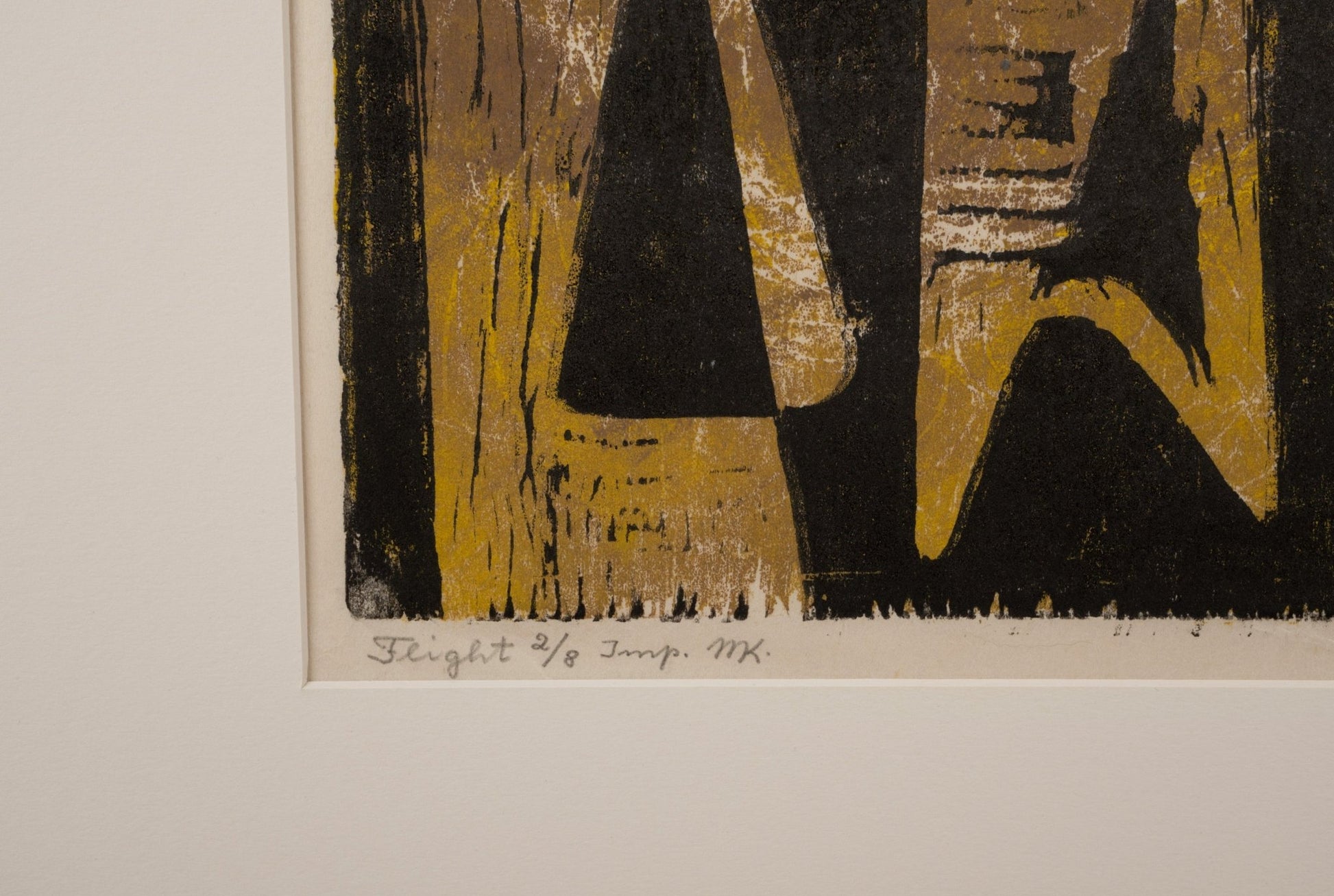 Close-up of signed and dated 1961 Margot Kempe print titled Flight edition 2 of 8 with abstract shapes and warm tones.