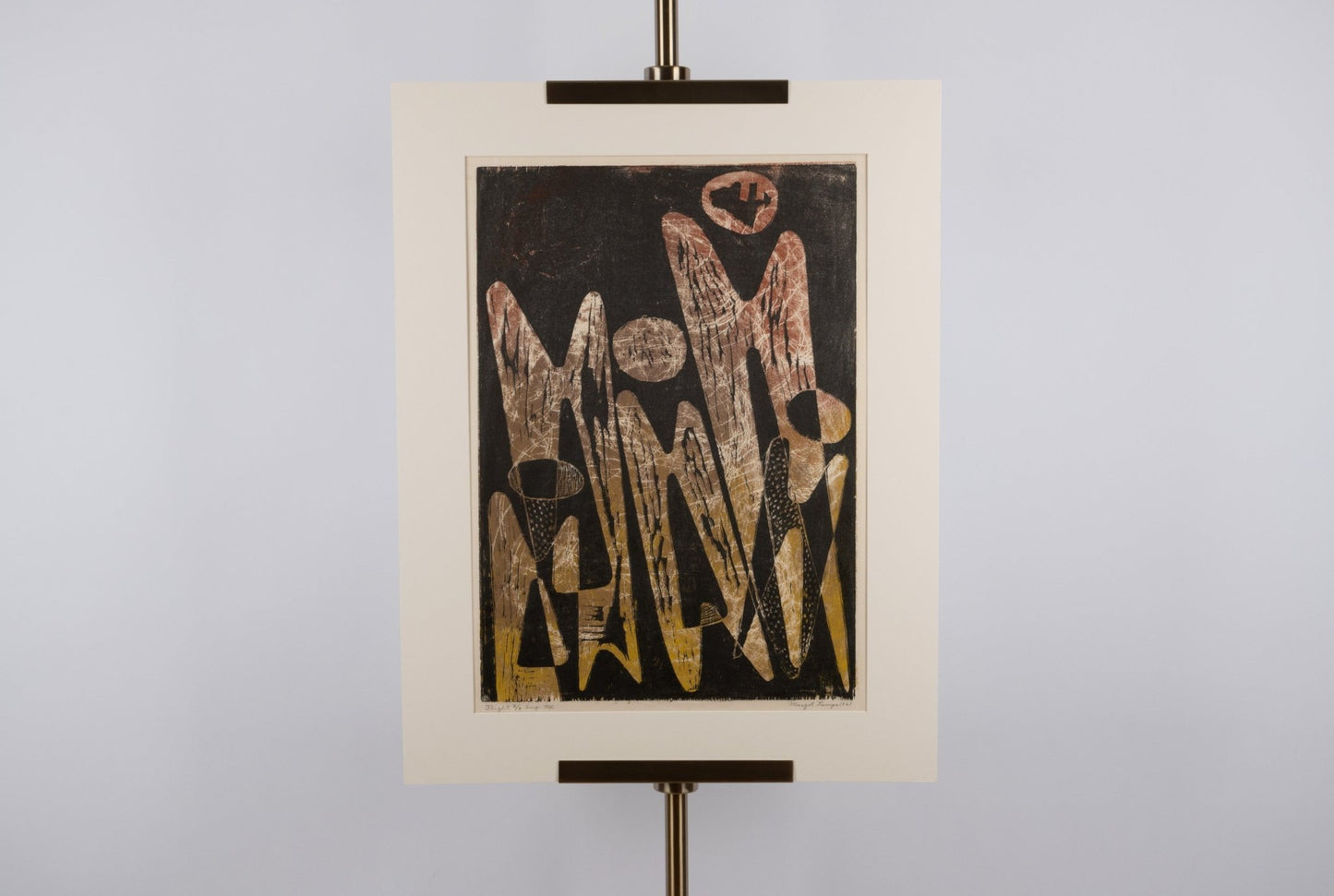 Abstract mid-century modern Margot Kempe print titled "Flight" #2 with geometric shapes in muted tones, signed 1961.