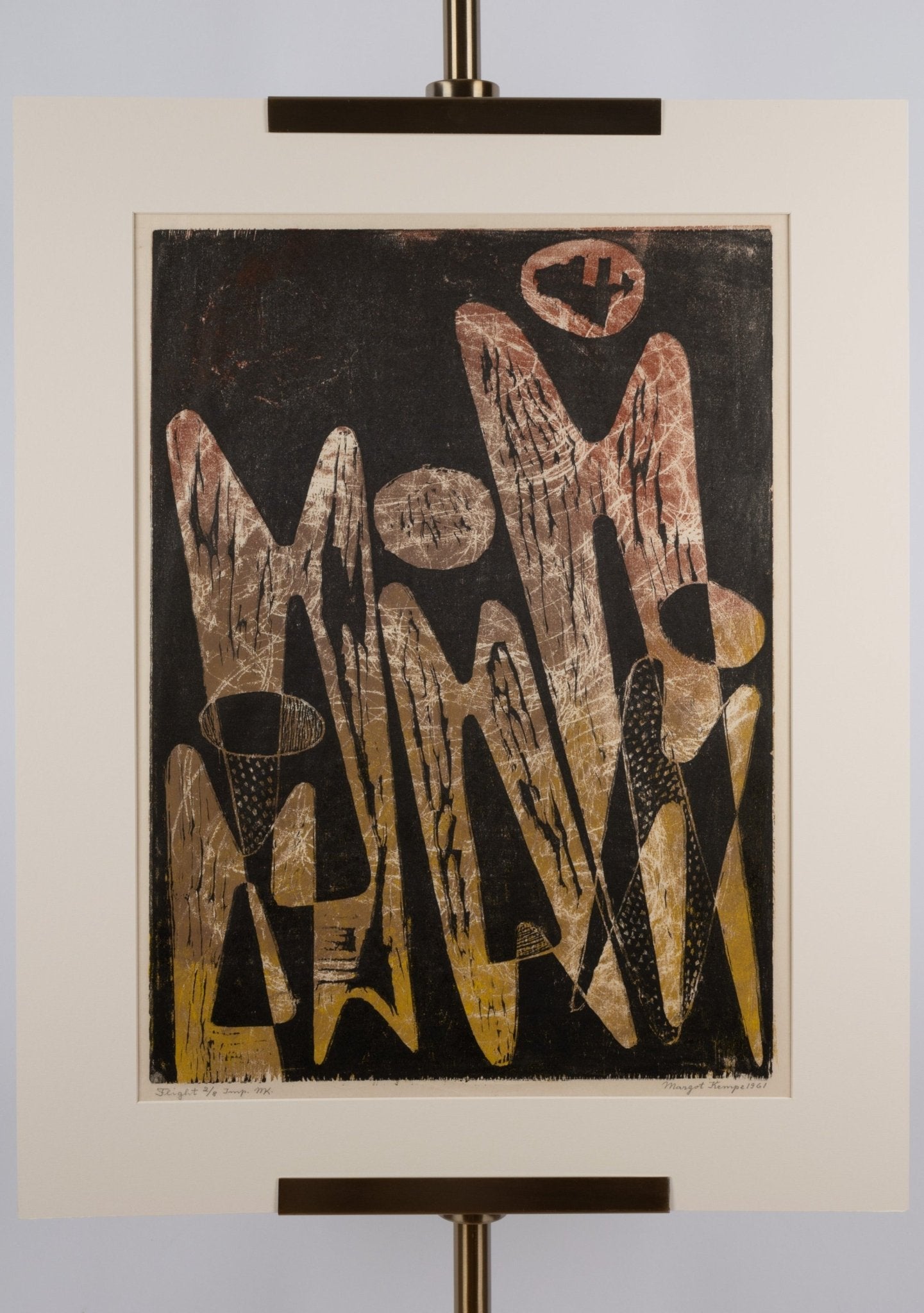 Abstract mid-century modern print titled "Flight" #2 by Margot Kempe, signed and dated 1961, matted on white background.