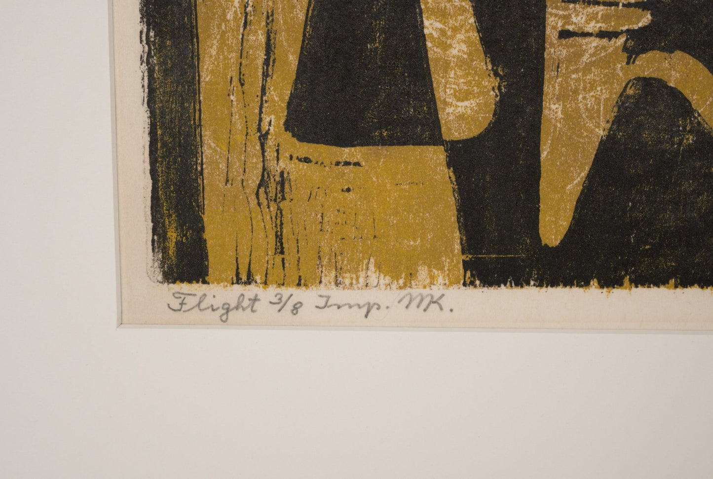 Signed Margot Kempe print titled Flight, edition 3 of 8, dated 1961 with abstract shapes in black and gold tones