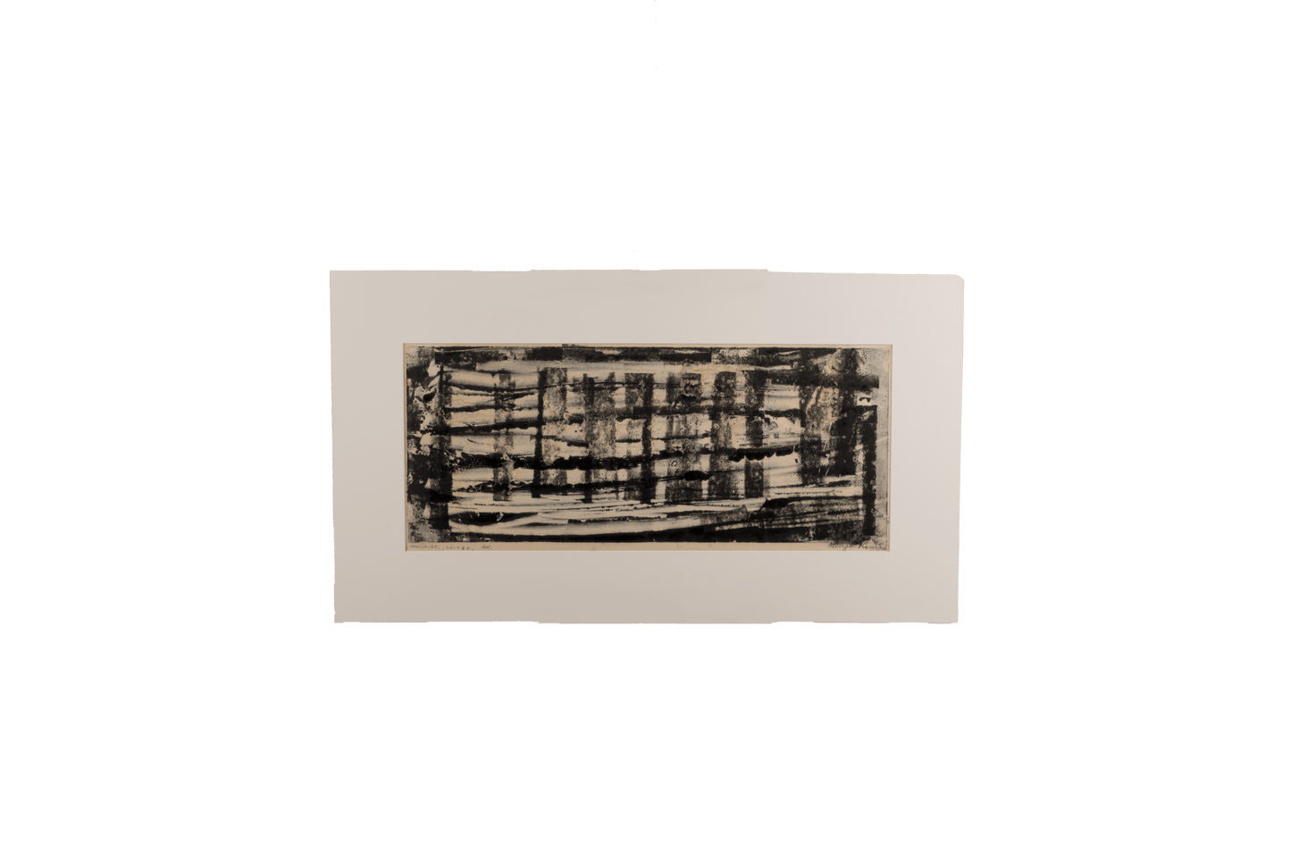 Abstract black and white Margot Kempe print titled "United," signed and dated 65, matted on white background.