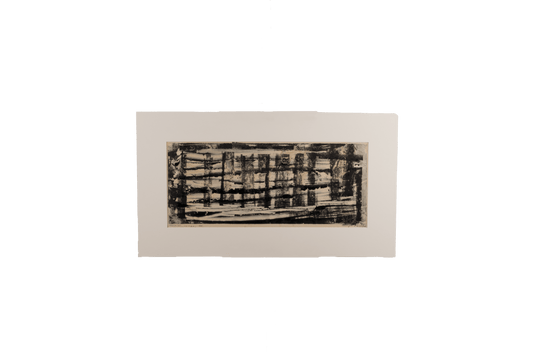Abstract black and white Margot Kempe print titled "United," signed and dated 65, matted on white background.