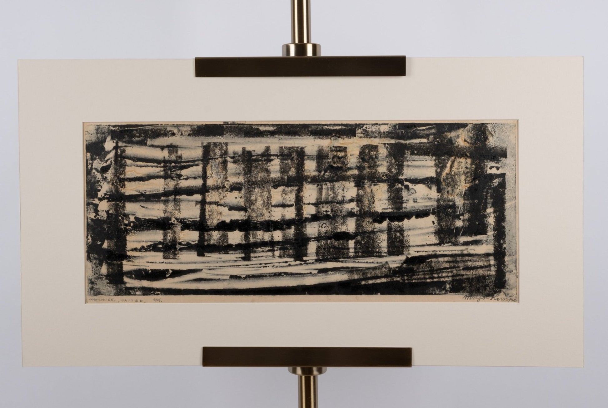 Abstract black and white monotype print titled "United" by Margot Kempe, dated 1965, newly matted and signed.