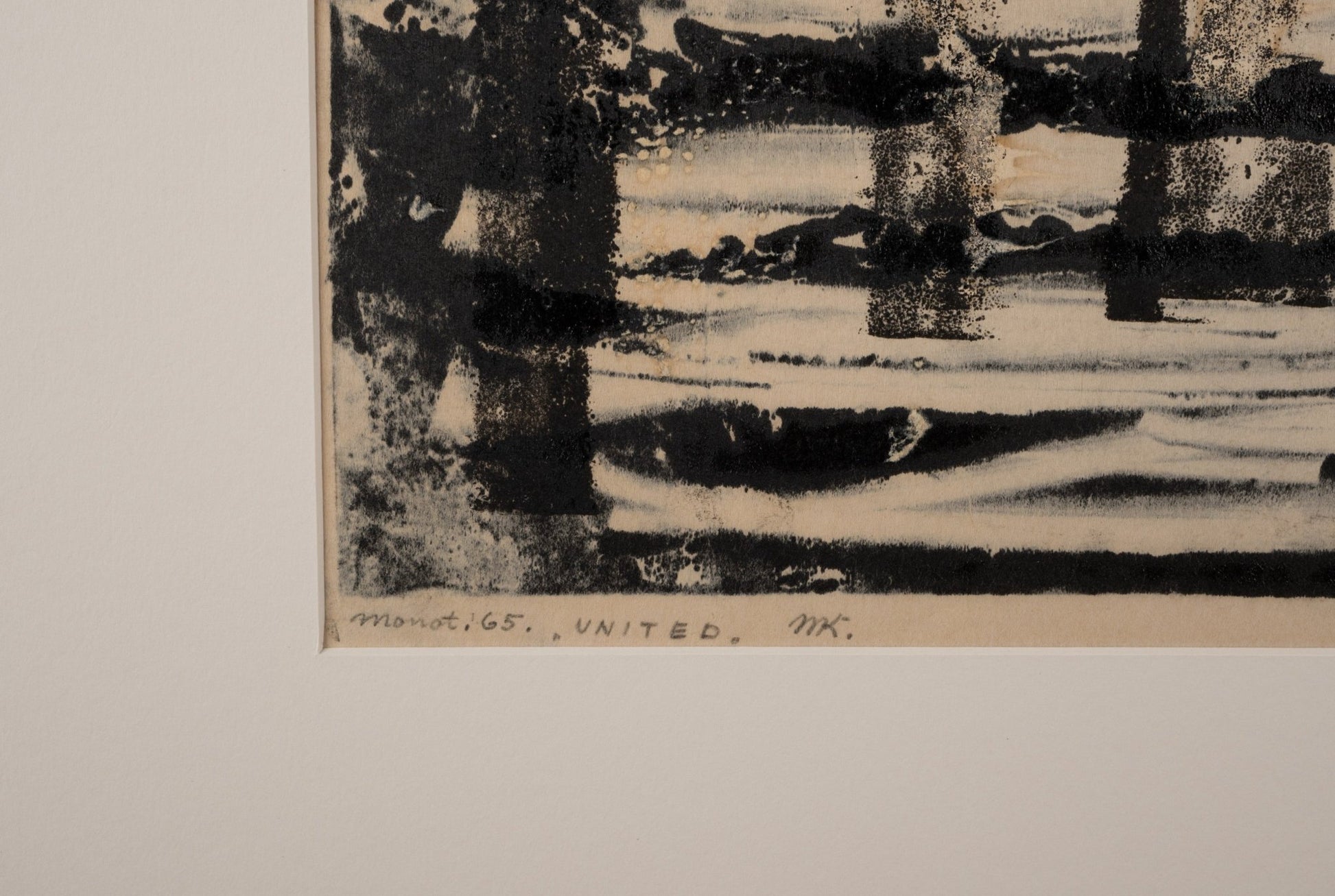 Close-up of Margot Kempe's signed and dated 1965 monotype print titled "United" with abstract black ink design on beige paper
