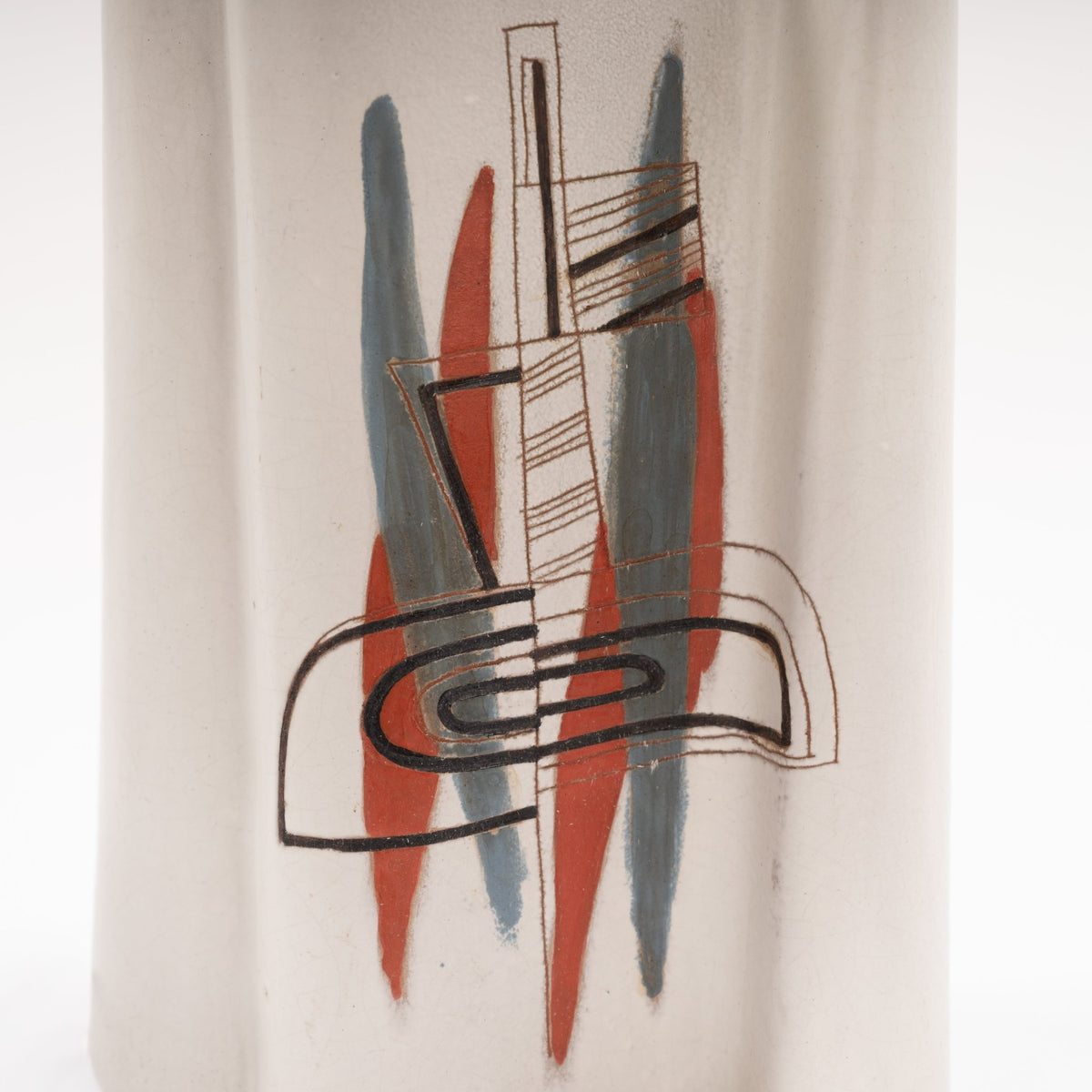 Marianna Von Allesch Table Lamp close up of white ceramic base with abstract red blue gray and black geometric artwork in mid century modern lighting