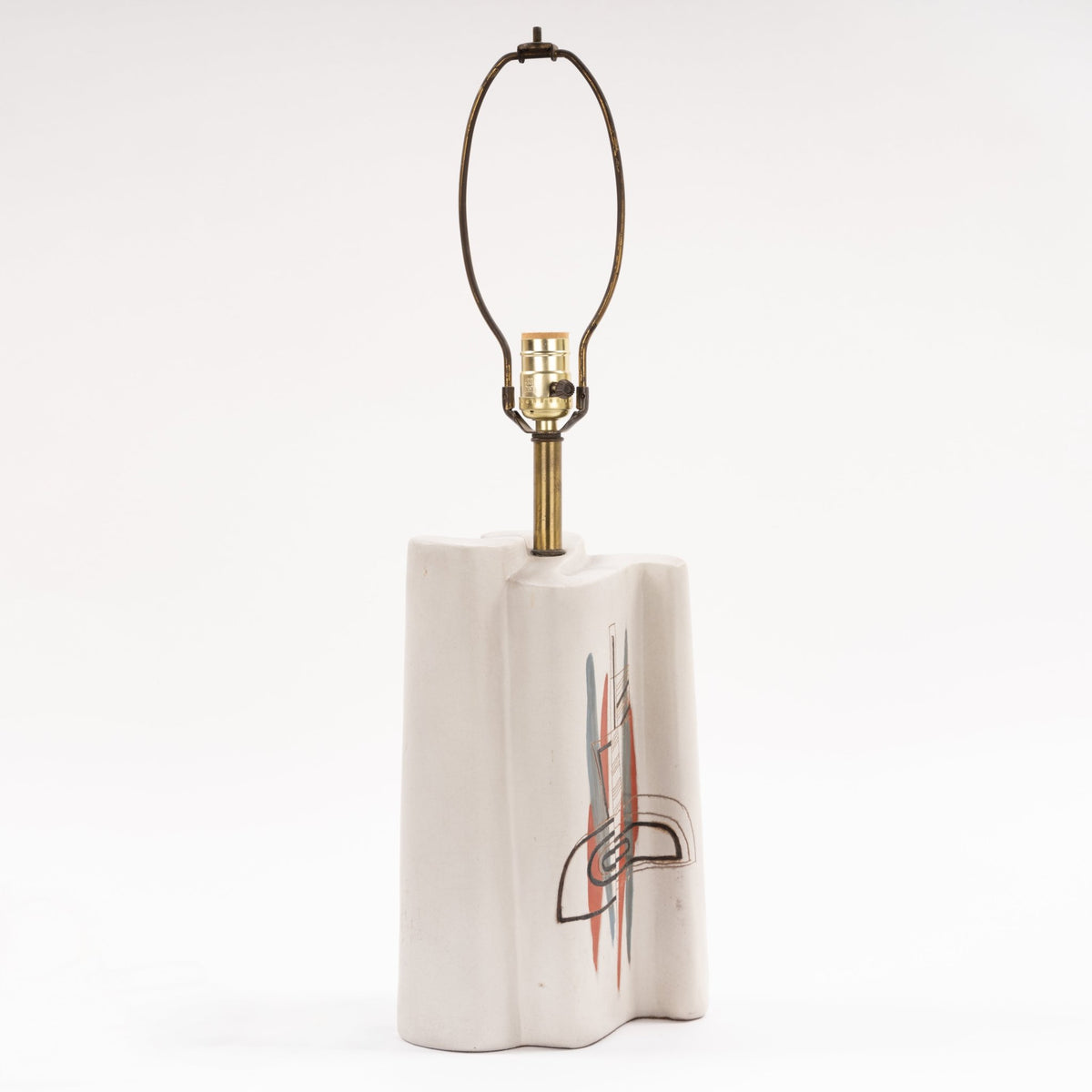Marianna Von Allesch Table Lamp with sculptural white ceramic base abstract red and black linear motif brass stem and exposed socket in mid century modern lighting