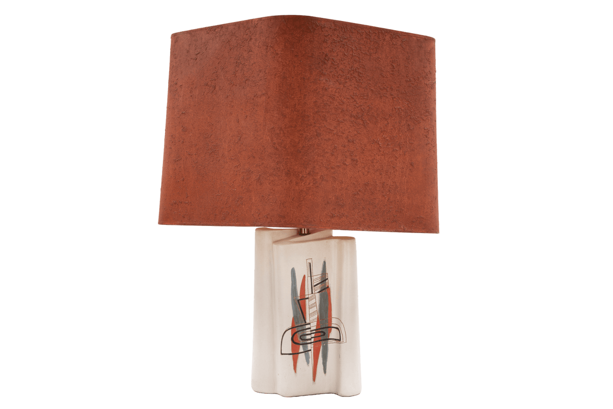 Marianna Von Allesch Table Lamp with a textured rust brown shade and white ceramic base featuring an abstract red black and gray motif in mid century modern lighting