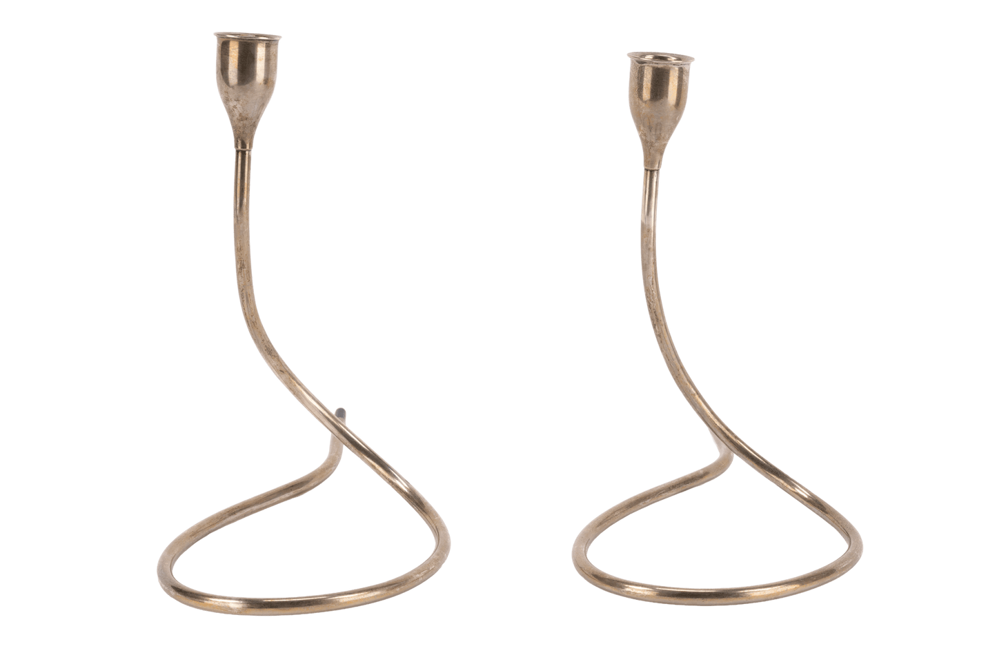 Pair of Marion Anderson sterling silver candlesticks with curved minimalist form and plastic accents on tips