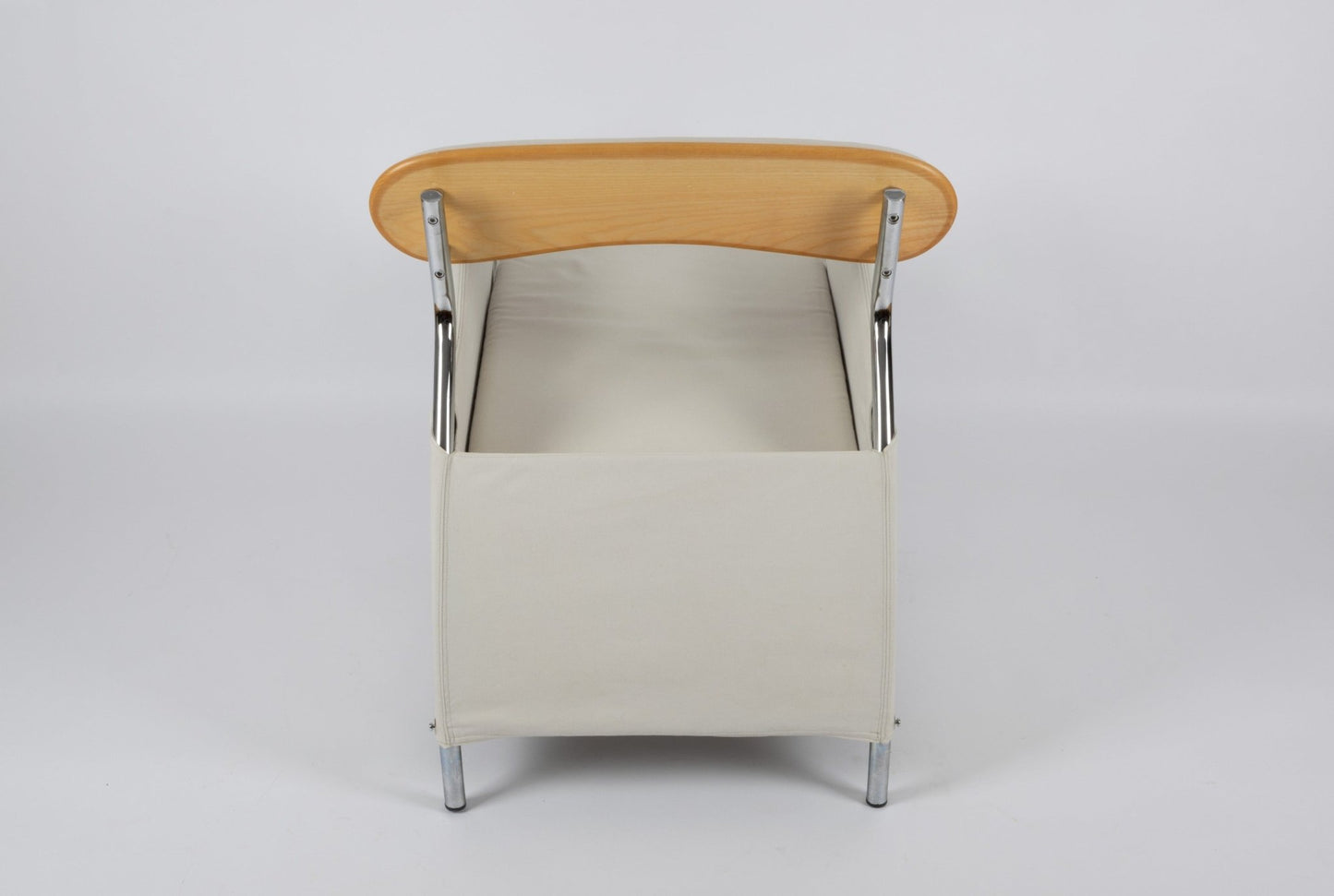 Pair of 1980s Massimo Iosa Ghini Memphis-style arm chairs with canvas seat, chrome frame, and wooden backrest from Italy.