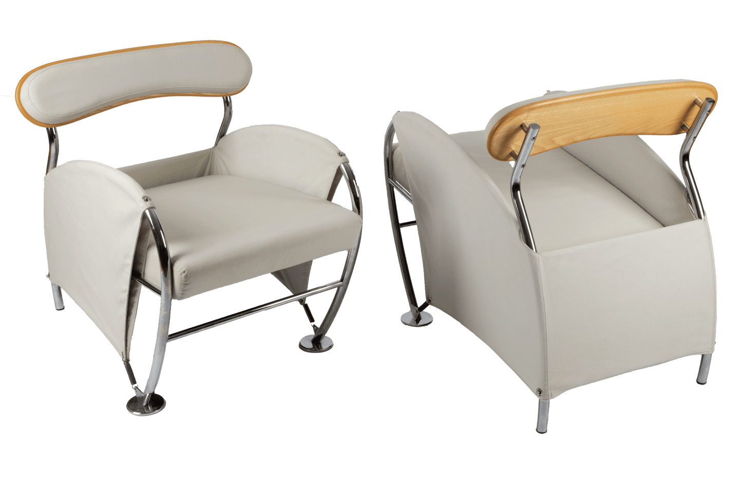 Pair of 1980s Massimo Iosa Ghini Memphis-style arm chairs in canvas with chrome frames and curved wood backrests.