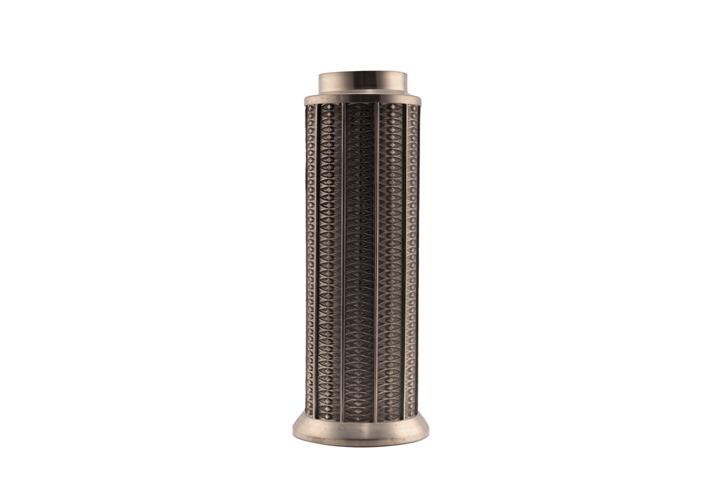 Cylindrical Mastad pewter vase with engraved diamond-shaped column pattern and marked bottom from warehouse collection