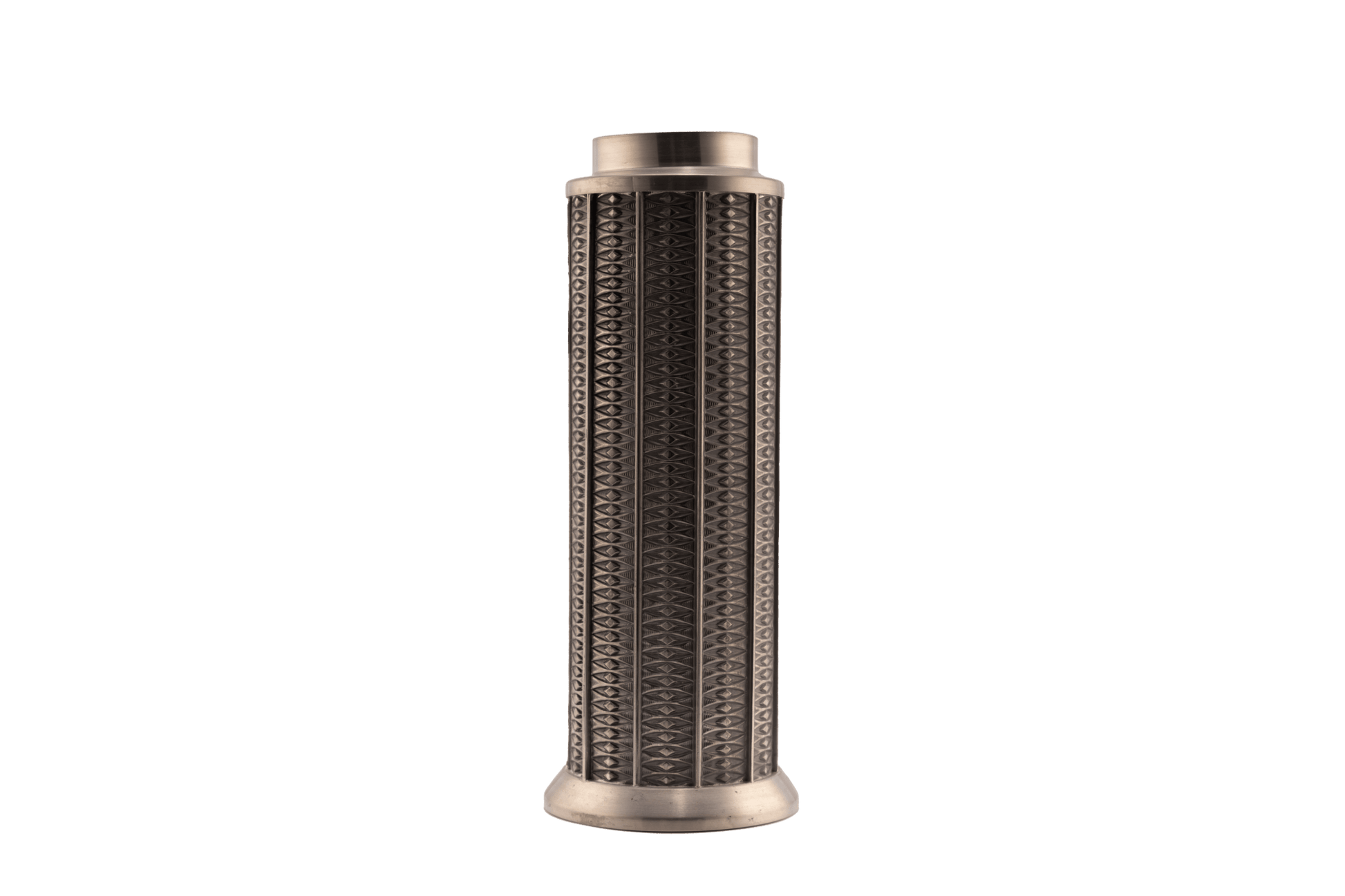 Cylindrical Mastad pewter vase with engraved diamond-shaped column pattern and marked bottom from warehouse collection