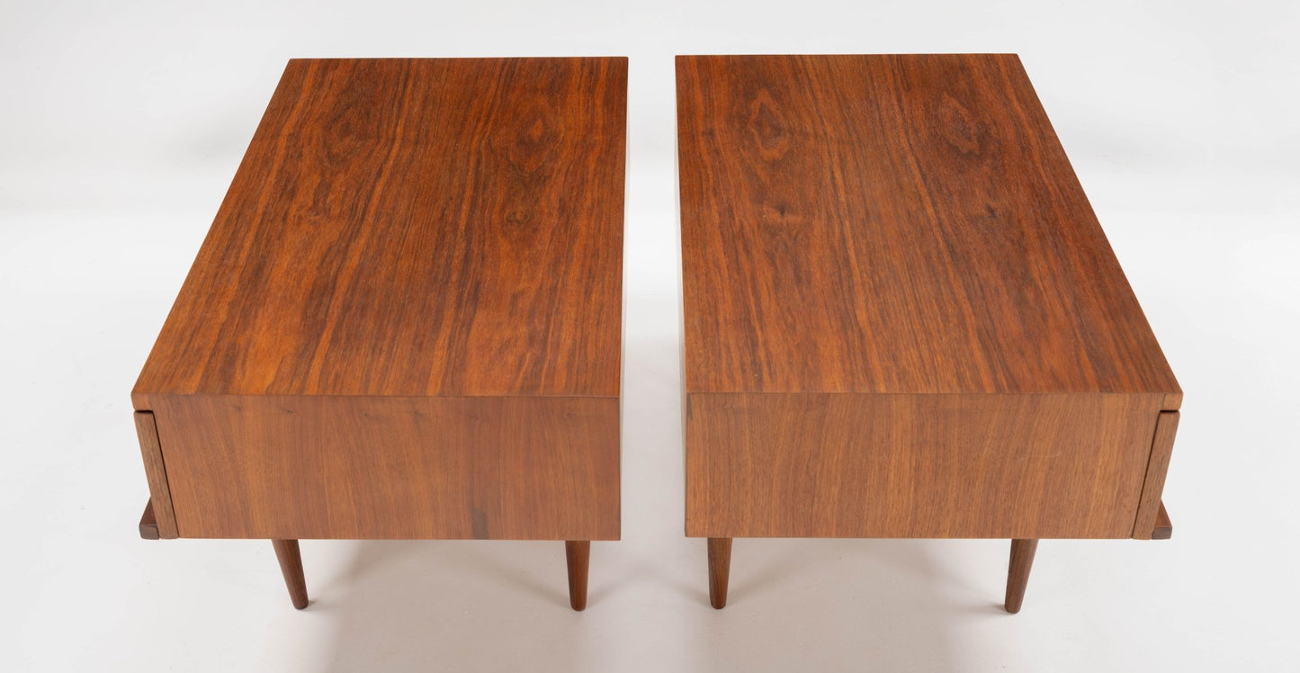 Pair of mid-century walnut side tables with clean rectangular tops and tapered legs designed by Mel Smilow in 1950s USA.