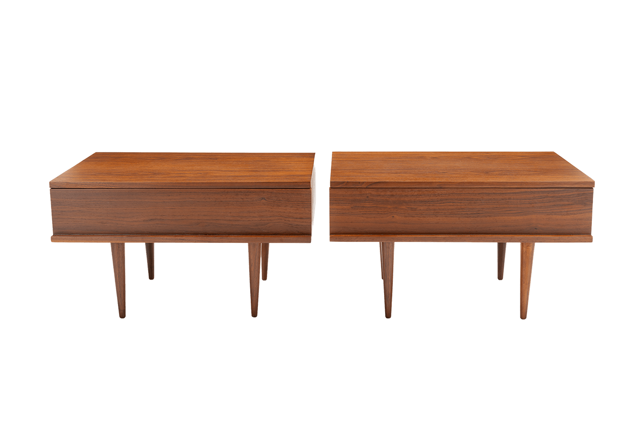 Pair of mid-century walnut side tables with clean rectangular form and single front drawer and classic tap
