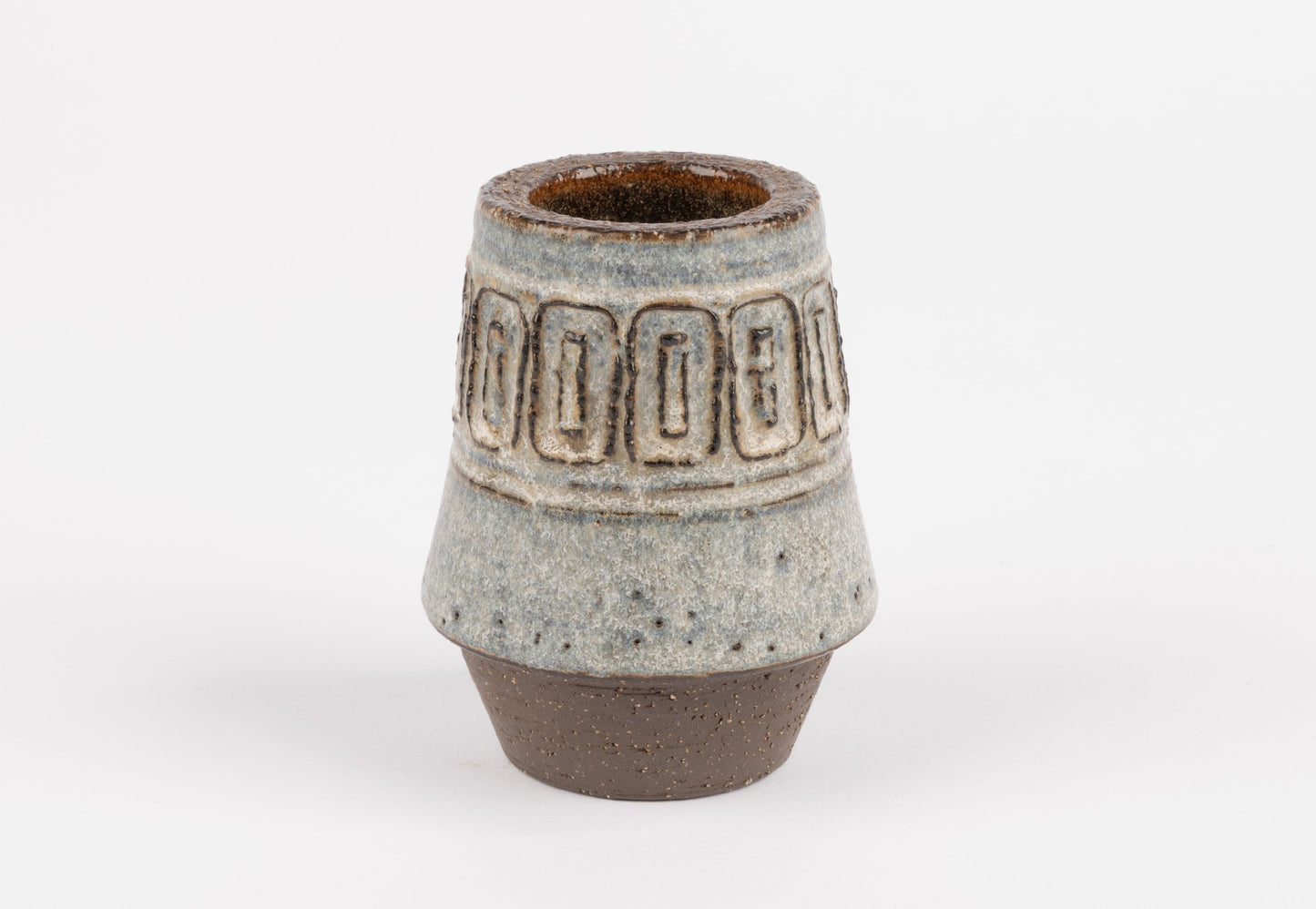 Michael Andersen stoneware vase with carved geometric relief band and textured gray glaze on brown base